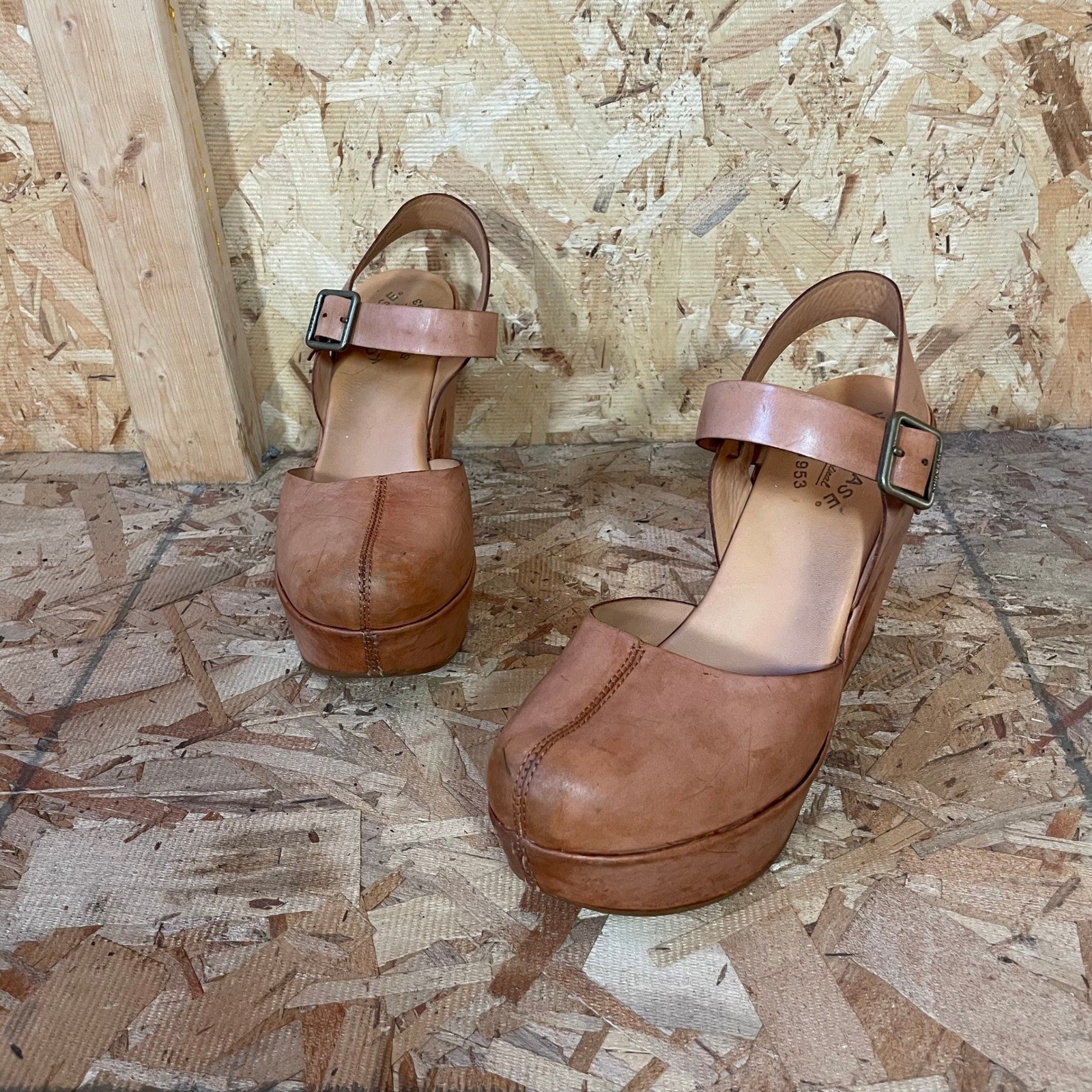 Kork-Ease Taryn Tan Leather Platform Block Heel Sandals Clogs Retro 70’s