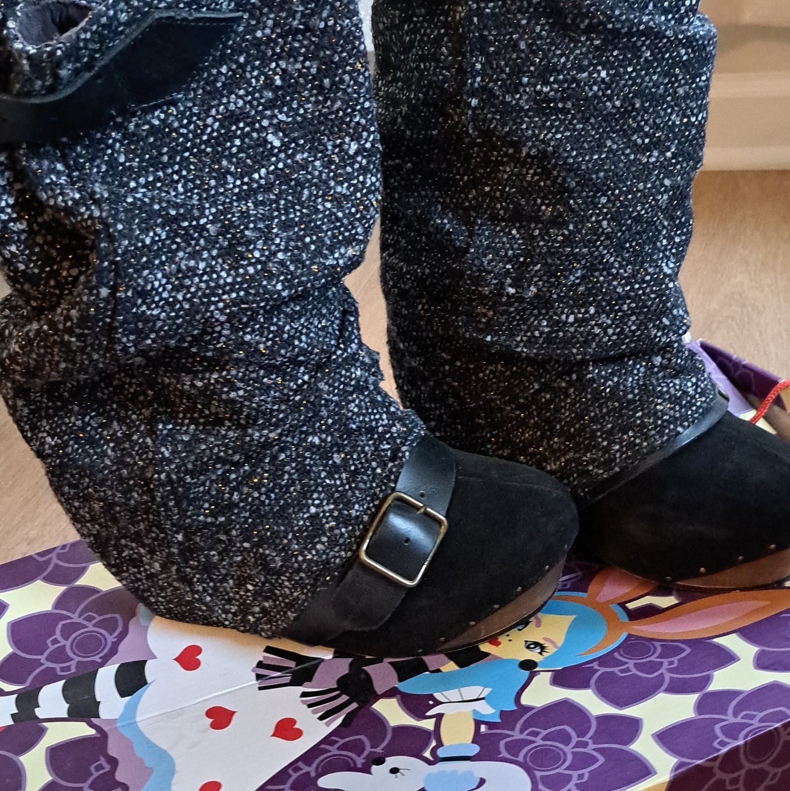 Irregular Choice Longer Lashes Black Tweed Buckle Mid-Calf Boots US 8.5 EU39.5