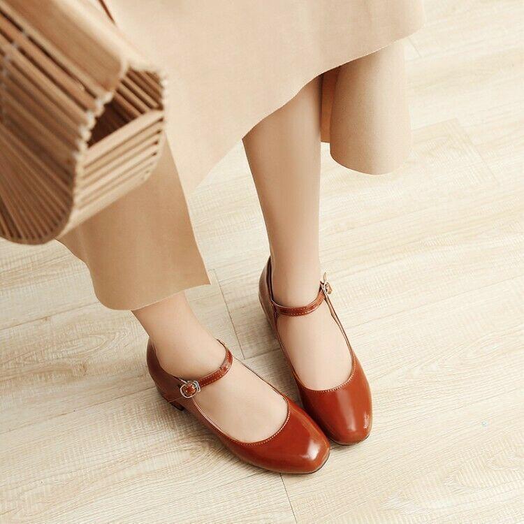 Women’s Square Toe Block Heel Loafer Ankle Strap Mary Jane Shoe Daily Pump Black