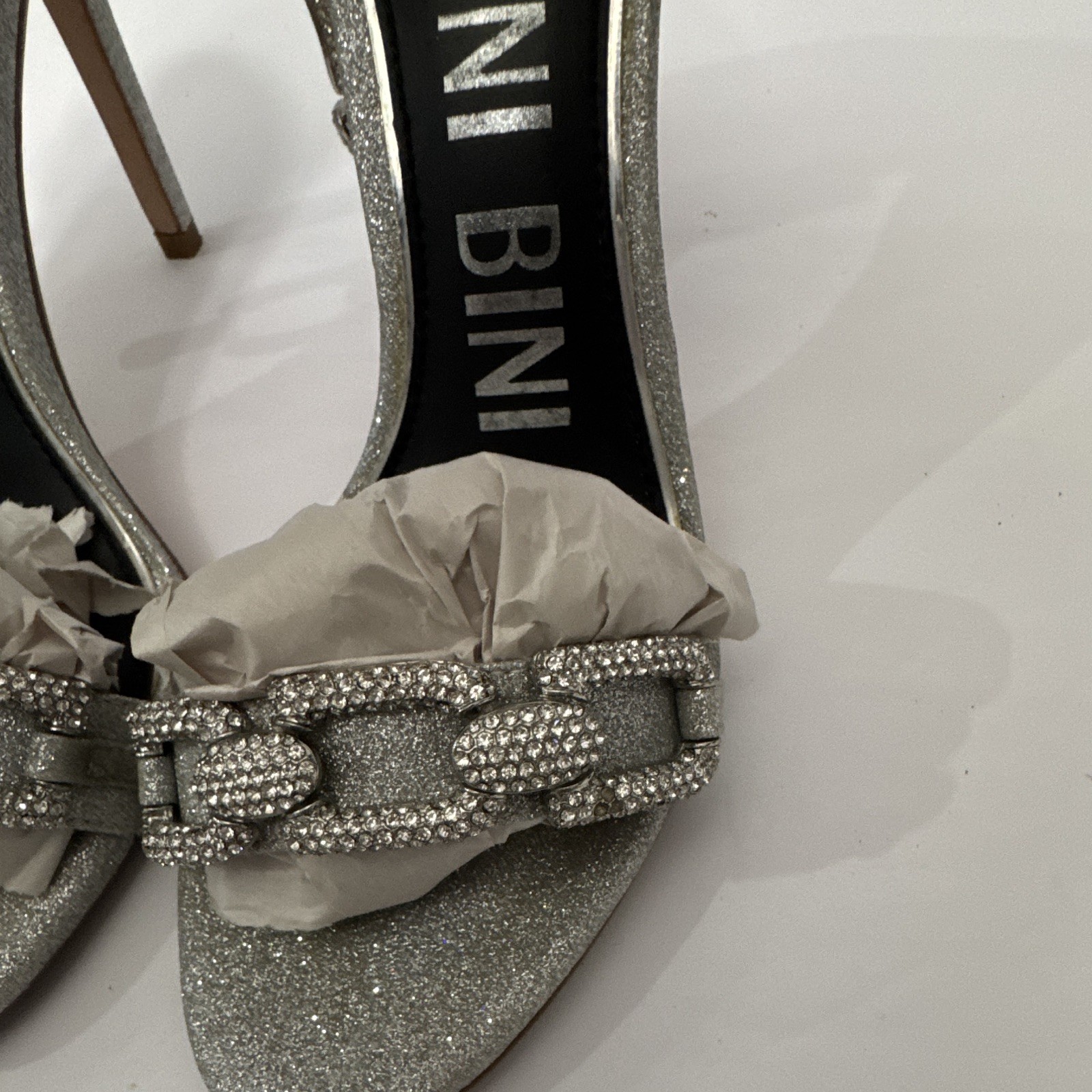Gianni Bini Silver Glitter Synthetic Strappy Open Toe Ankle Strap Heels 7.5M