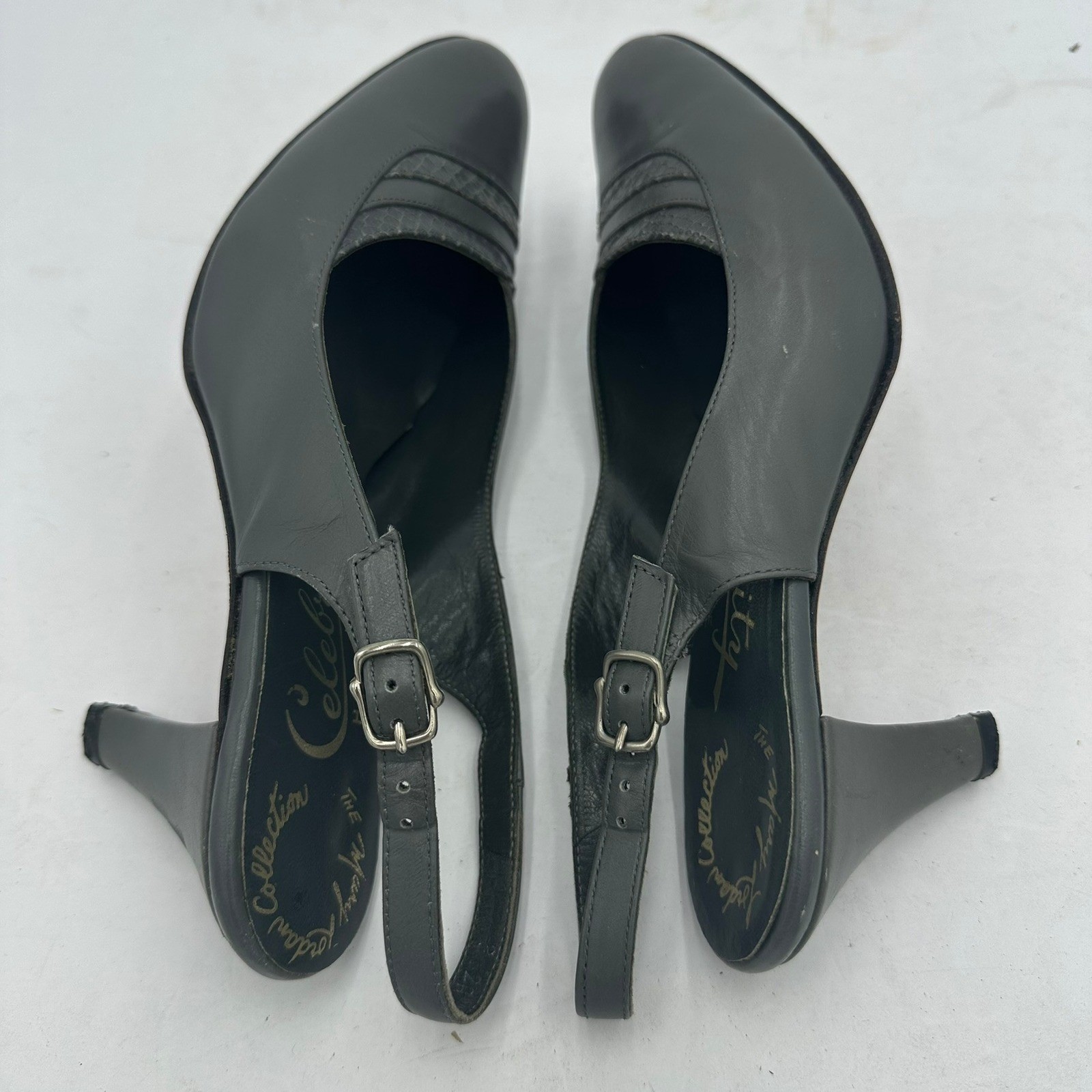 Celebrity Hand Made Mary Jordan Womens Gray Leather Slingback Heels Sz 8 Vintage