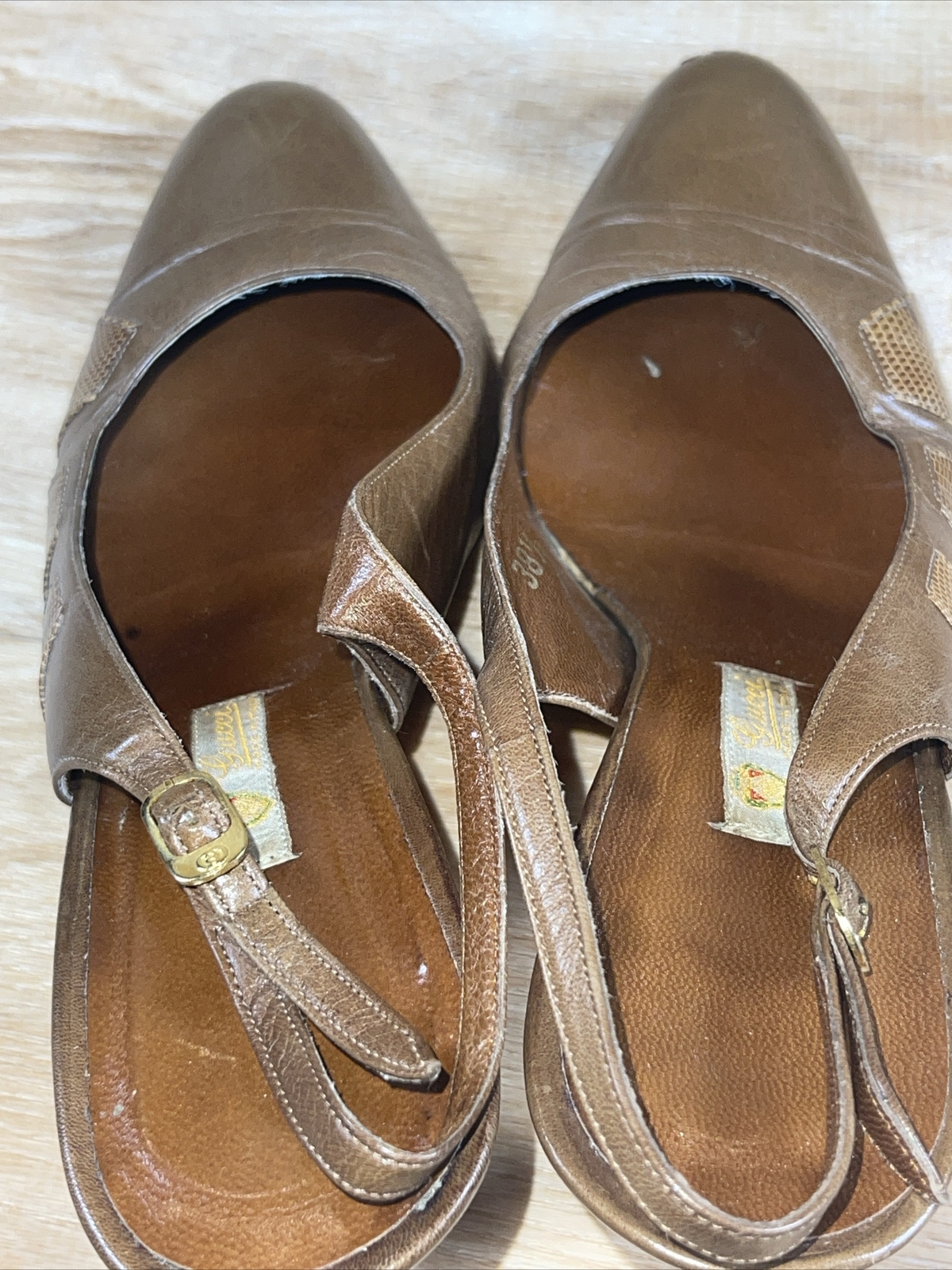 Vintage Gucci Leather W Snake Accent Sling Back Heels Shoes 38.5 N US 8.5