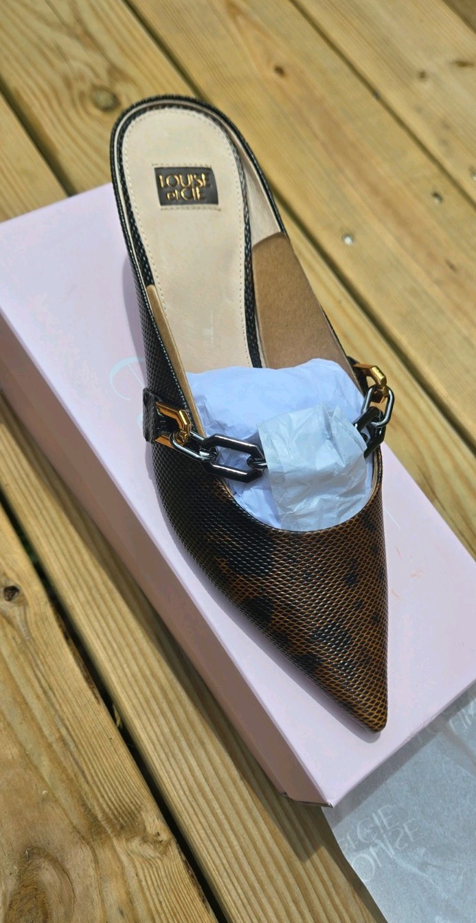 Louise et Cie Leather Lizard Mule Heel Pointed Toe Chain 9.5M