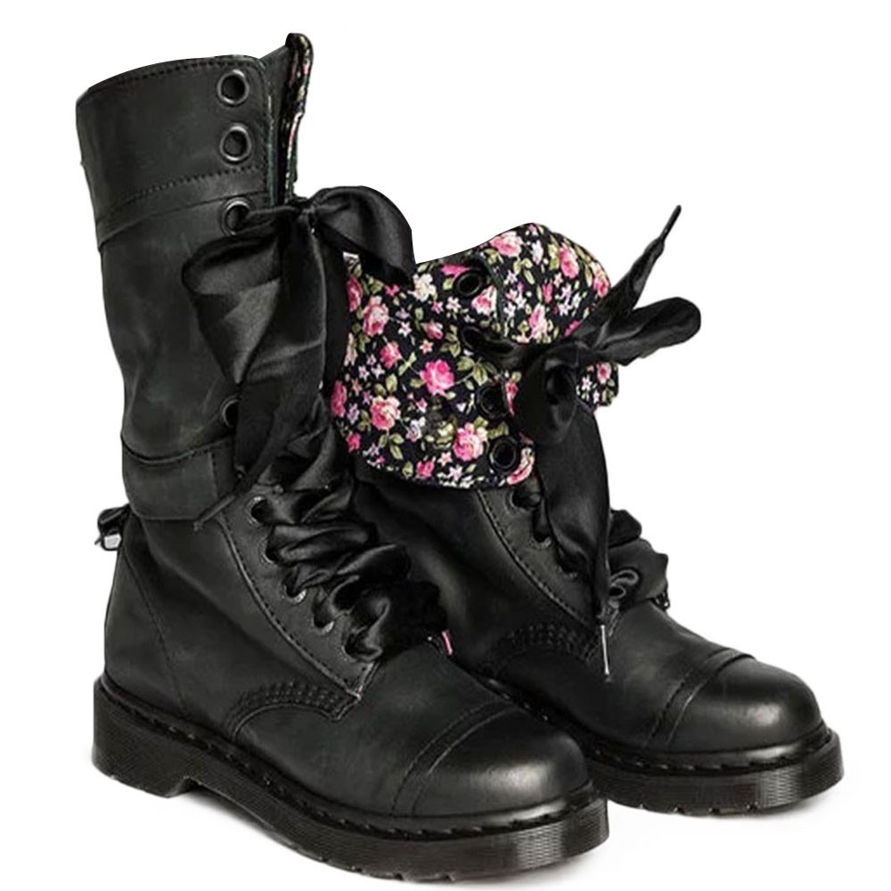 Retro Womens Mid Calf Boots Lace Up Biker Punk Military Combat Ankle Bootie Shoe