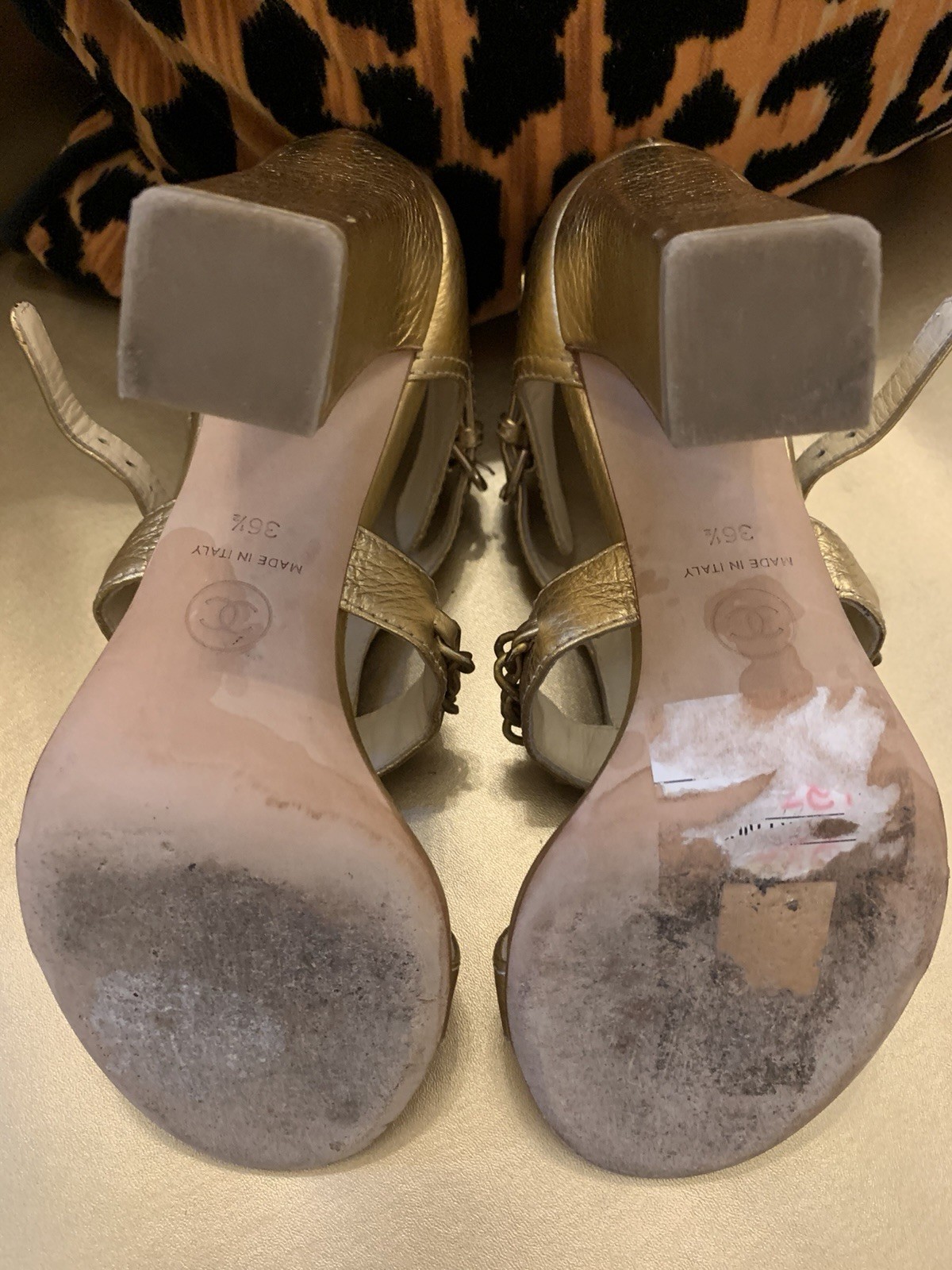 Vintage Chanel Gold Chain Block Heel Sandals