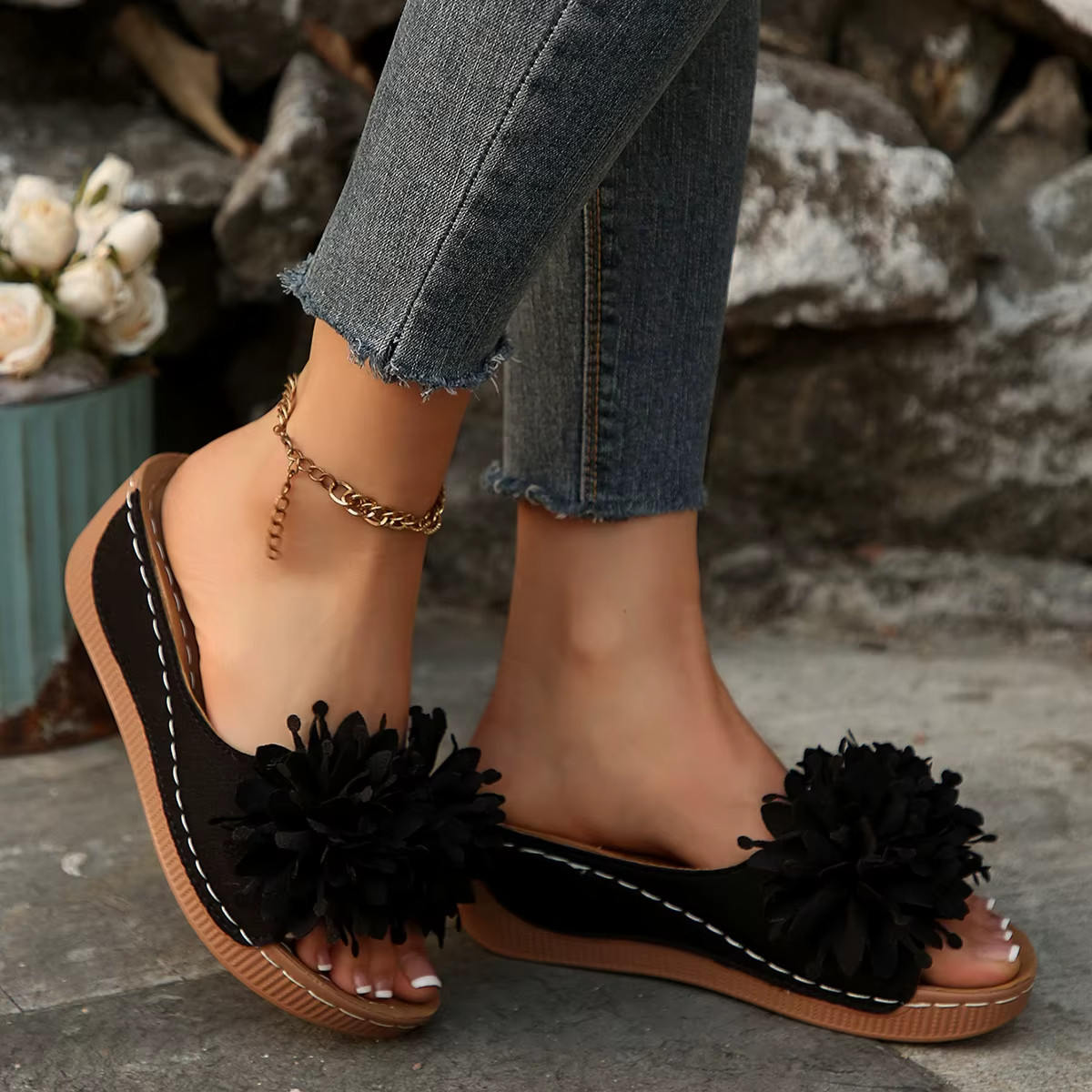 Women’s Flower Wedge Sandals Open Toe Slip-On Summer Platform Slides Casual