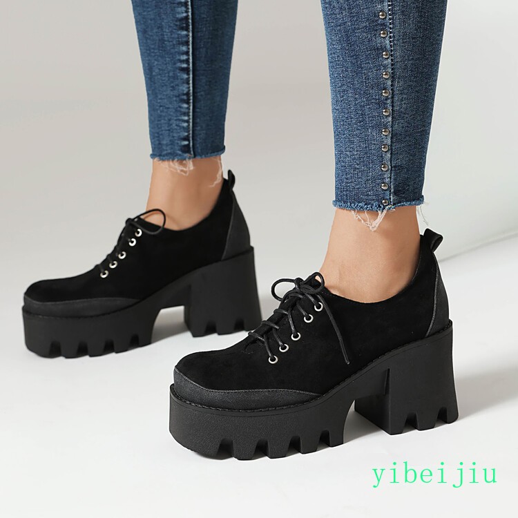 Women’s Platform Shoes Patchwork Two Tone High Block Heel Colorblock Lady Retro