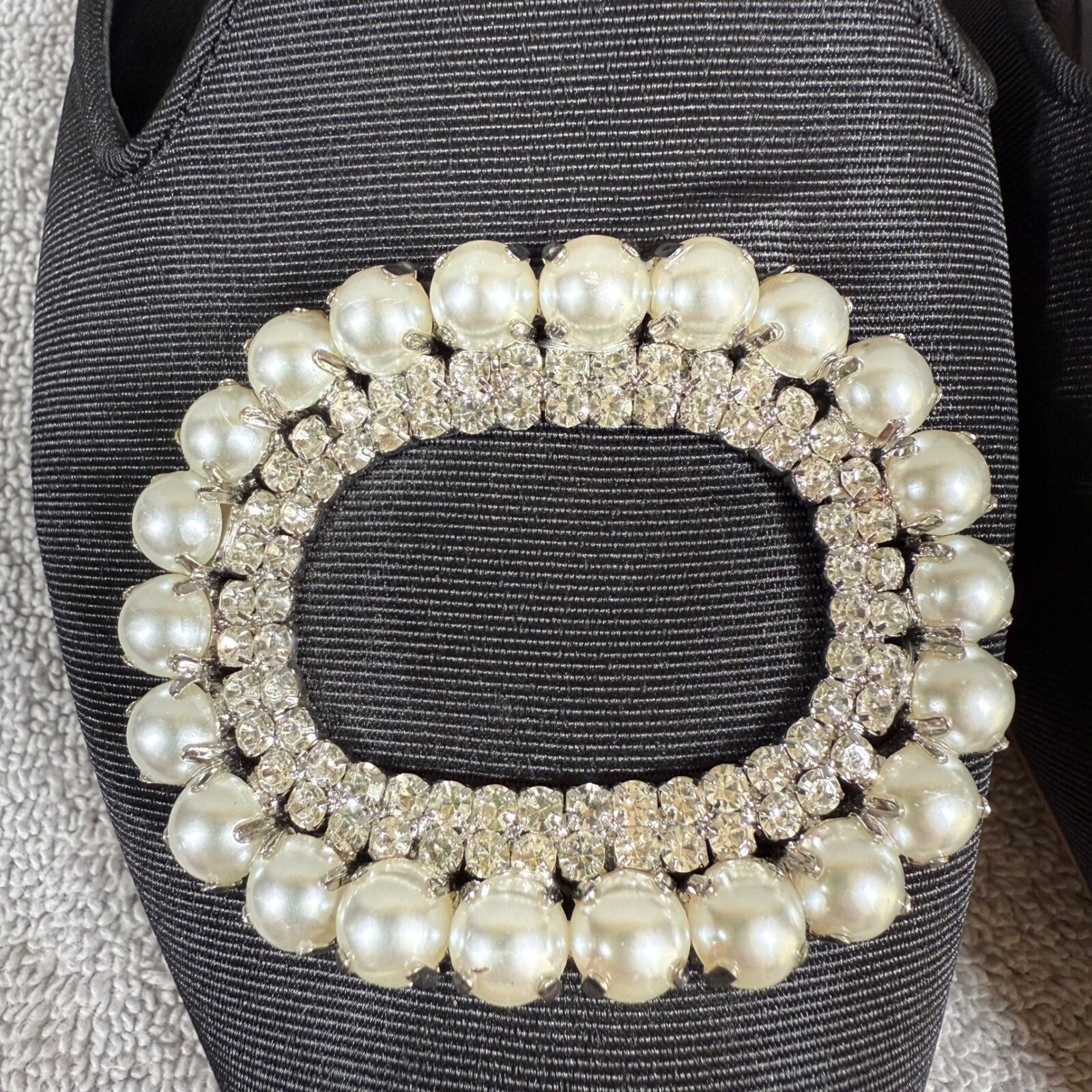 DELTAN Luna Pearl Rhinestone Grosgrain Mules Black Pointed Toe Flats 6.5