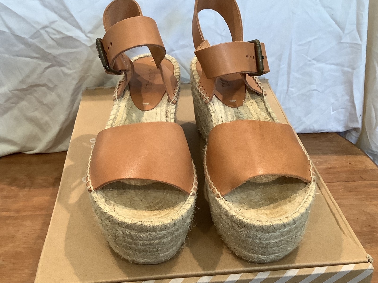 Soludos Minorca High Platform Espadrille Sandals Tan Beige Leather Womens 7