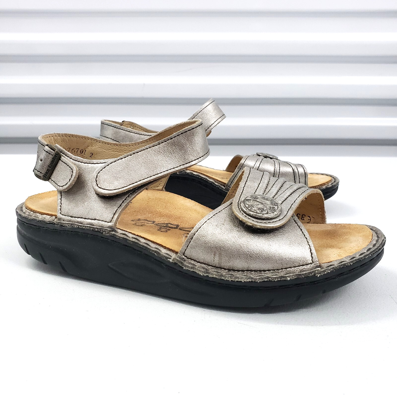 Finn Comfort SAUSALITO EUR 35 US 5 Silver Argento Leather Ankle Strap Sandals