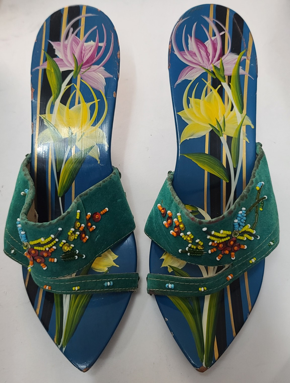 1950s Kim Thanh Saigon Blue Floral Beaded Pointed Toe Slip On Heels Size 7.5