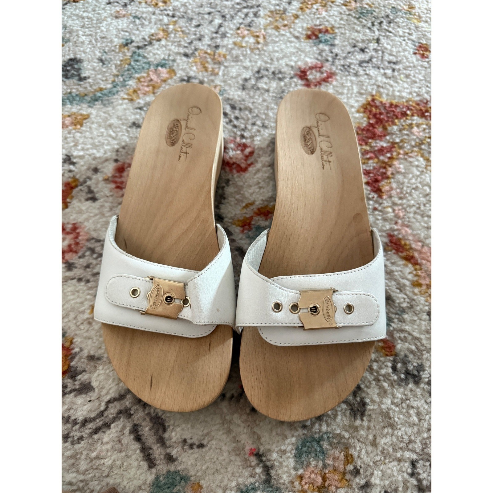 Dr. Scholls Original Collection White Leather Wood Sole Slide Sandals Size 9M