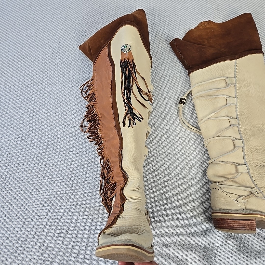 VTG 70s Hand Made Fringed Leather Western Boots Over Knee Concho Womens 9 USA