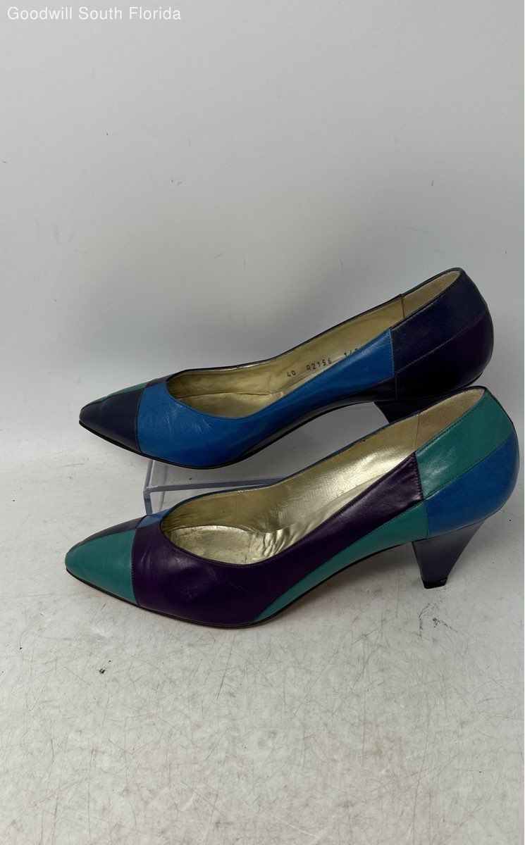 Bruno Magli Womens Blue Purple & Green Leather Slip-On Cone Pump Heels Size 40