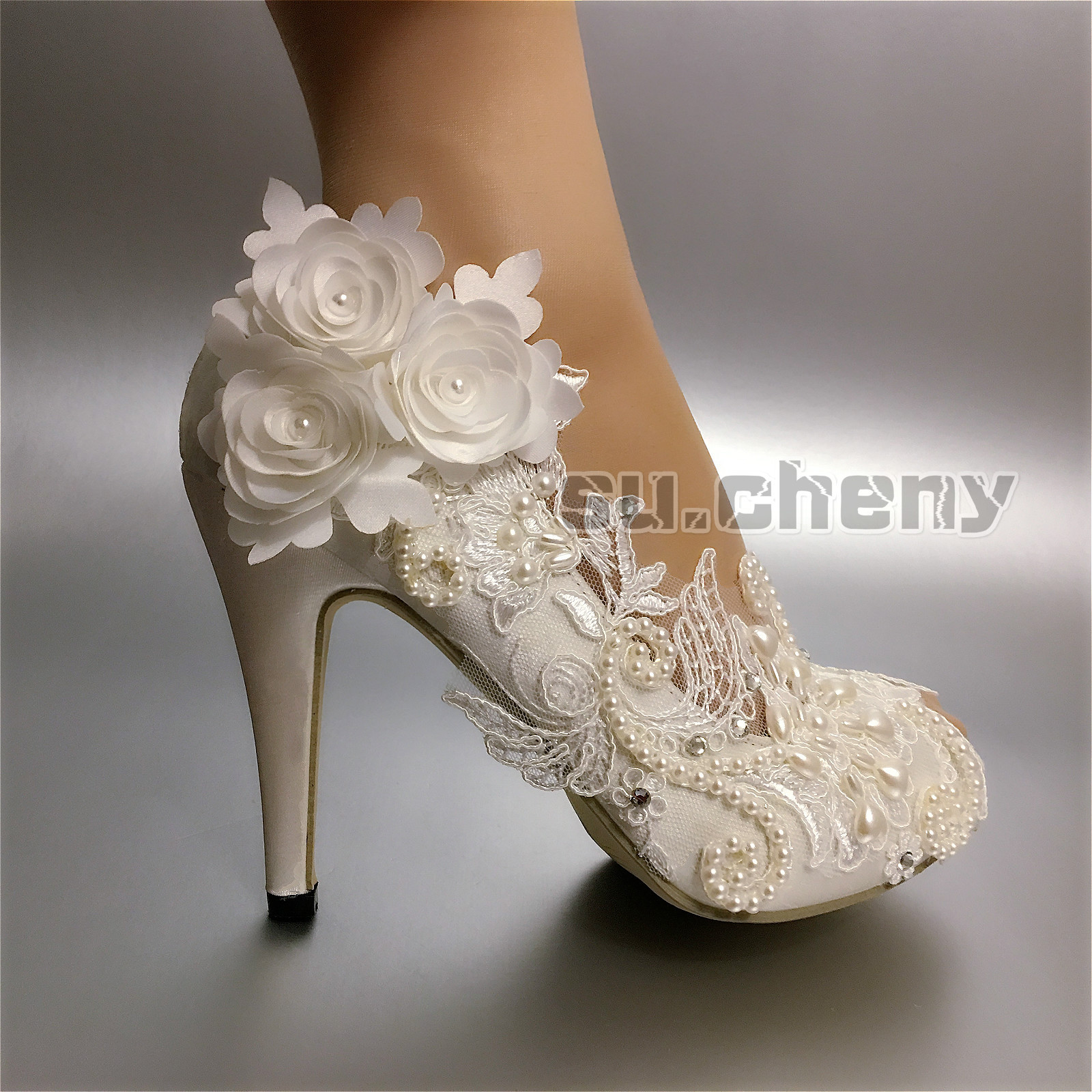 su.cheny Pearl satin white ivory lace flowers open toe Wedding Bridal heel shoes