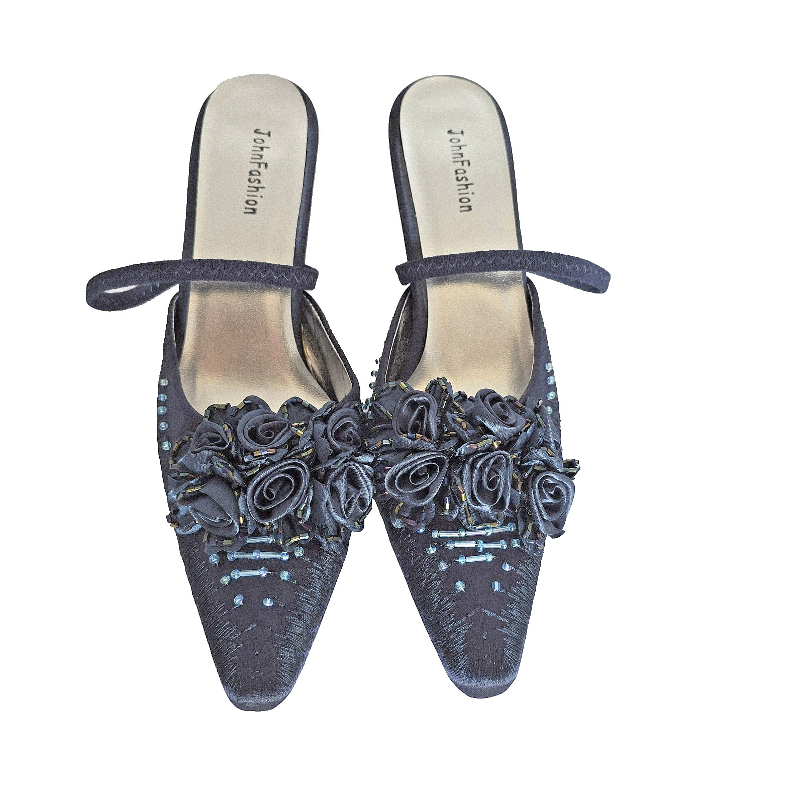 John Fashion A2009-C Teal Satin Slingback Stiletto Heels Size 8 Beaded Roses