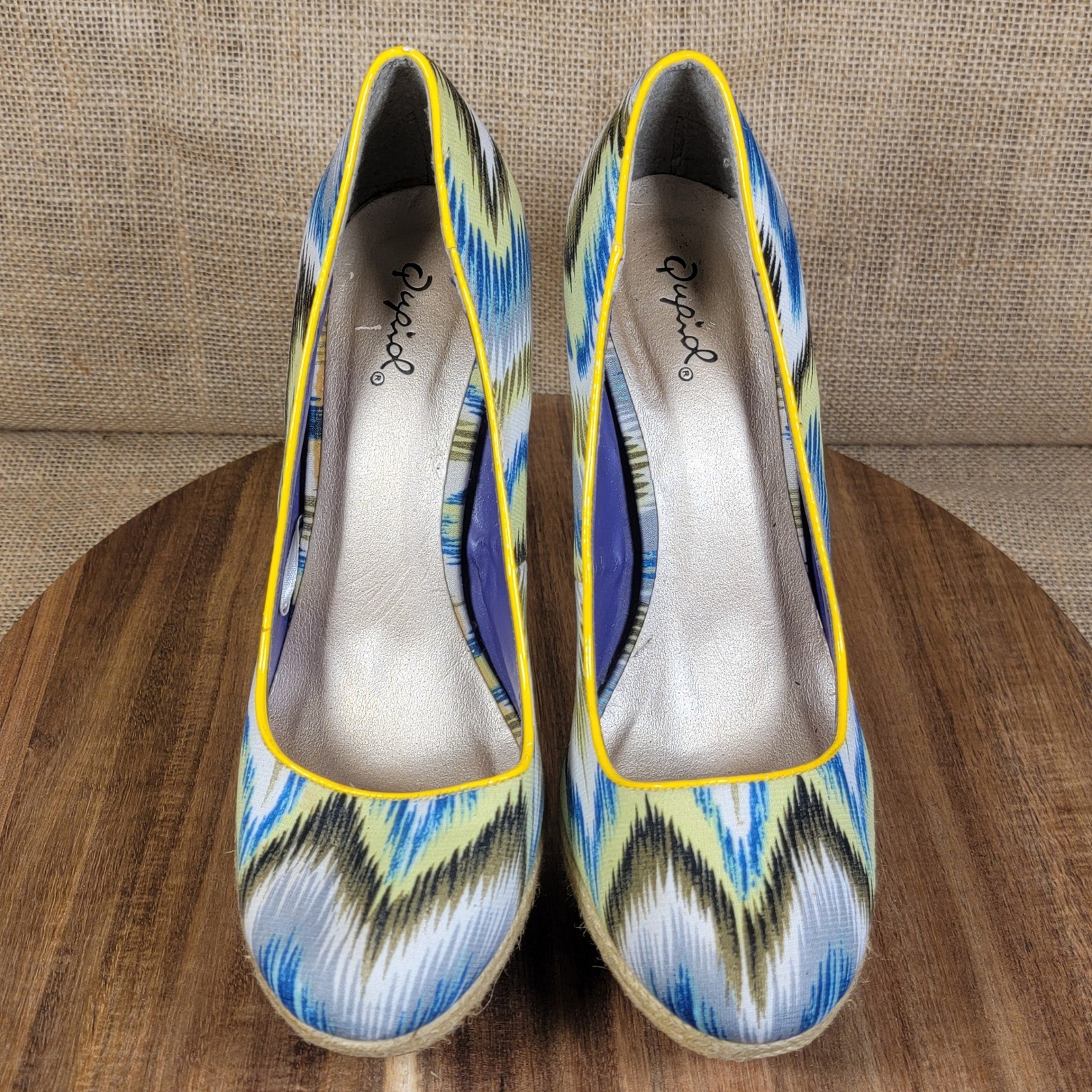 Qupid Platform Heels Blue Yellow White Print Espadrille Pumps Women’s Size 9