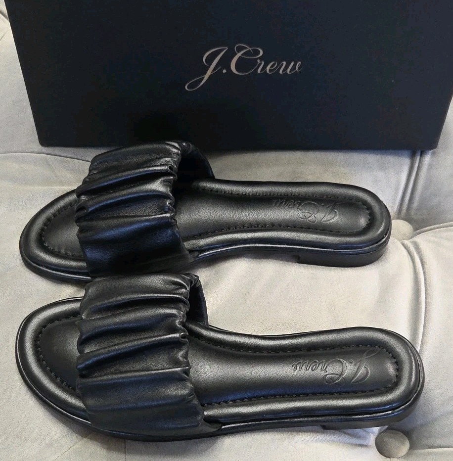 J Crew Single Scrunch Strap Delta Sandal Black Leather Womens Shoes 5 New In Box