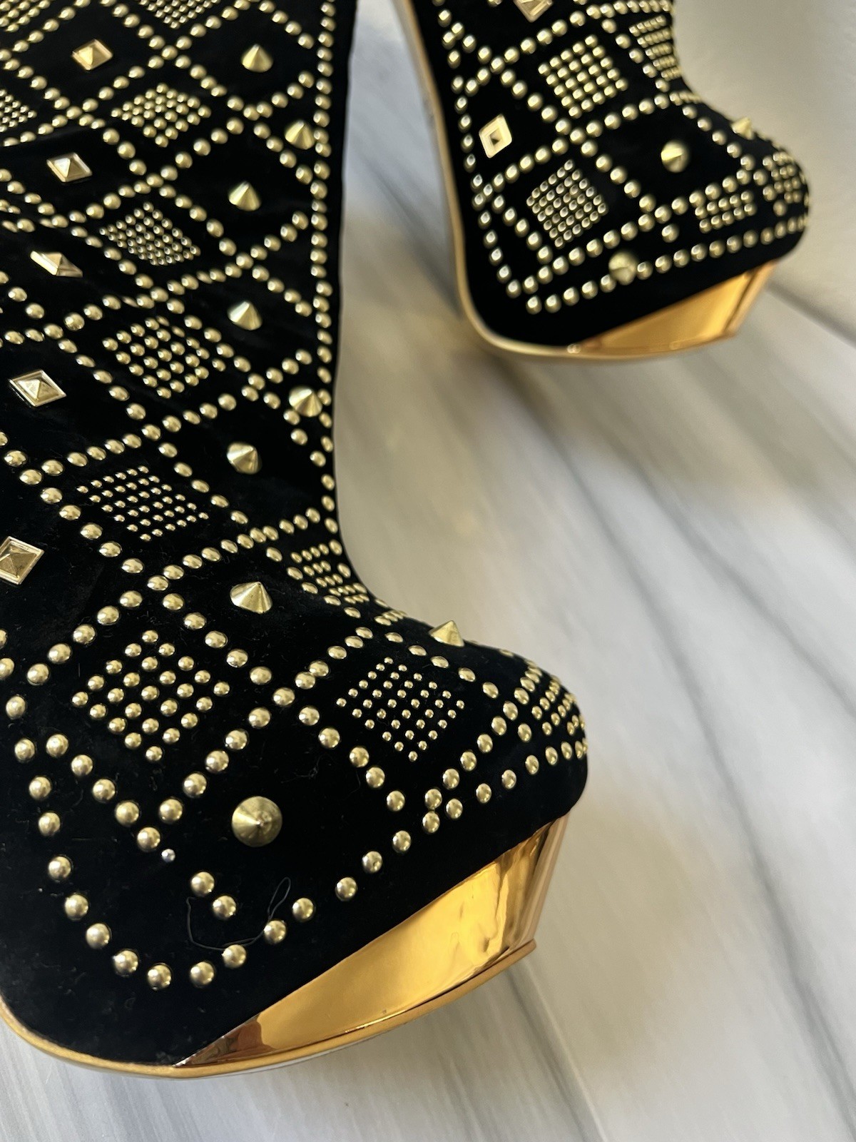 Vigo Fiore Black Velvet Studded Spiked Platform Zip Mid-Calf Boots Women 8 Sexy
