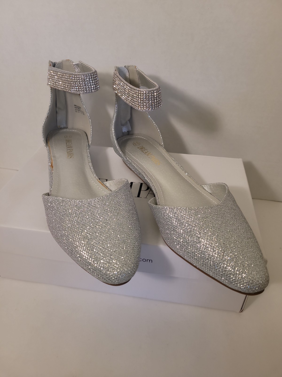 NEW Pointy Closed Toe Ankle Strap Ballet Flat Shoe Ballerina Vegan Suede Shimmer