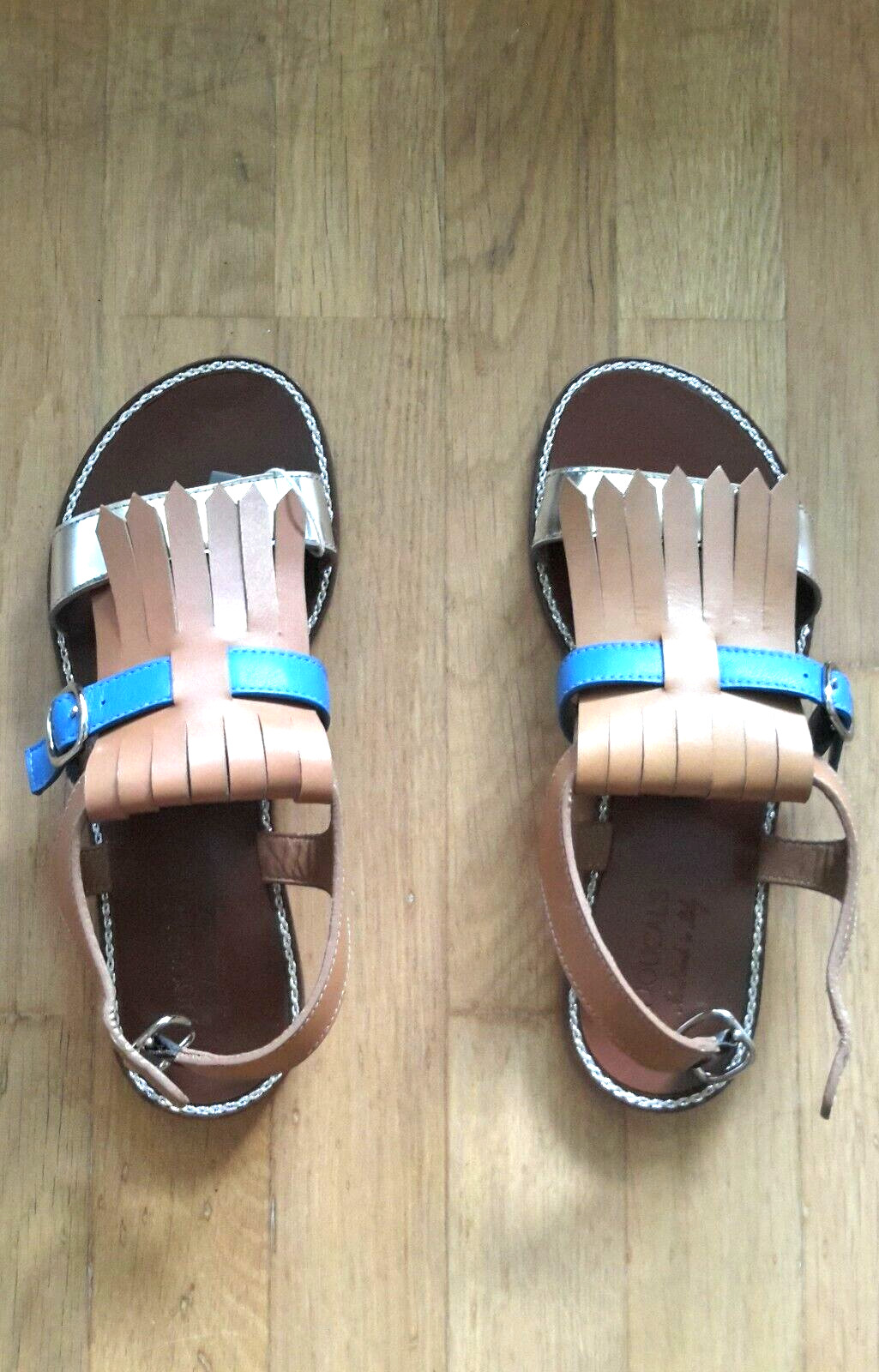 NEW DOUCAL’S LUXURY ITALIAN DESIGNER sandals moccasin tan blue silver IT35 US5 3