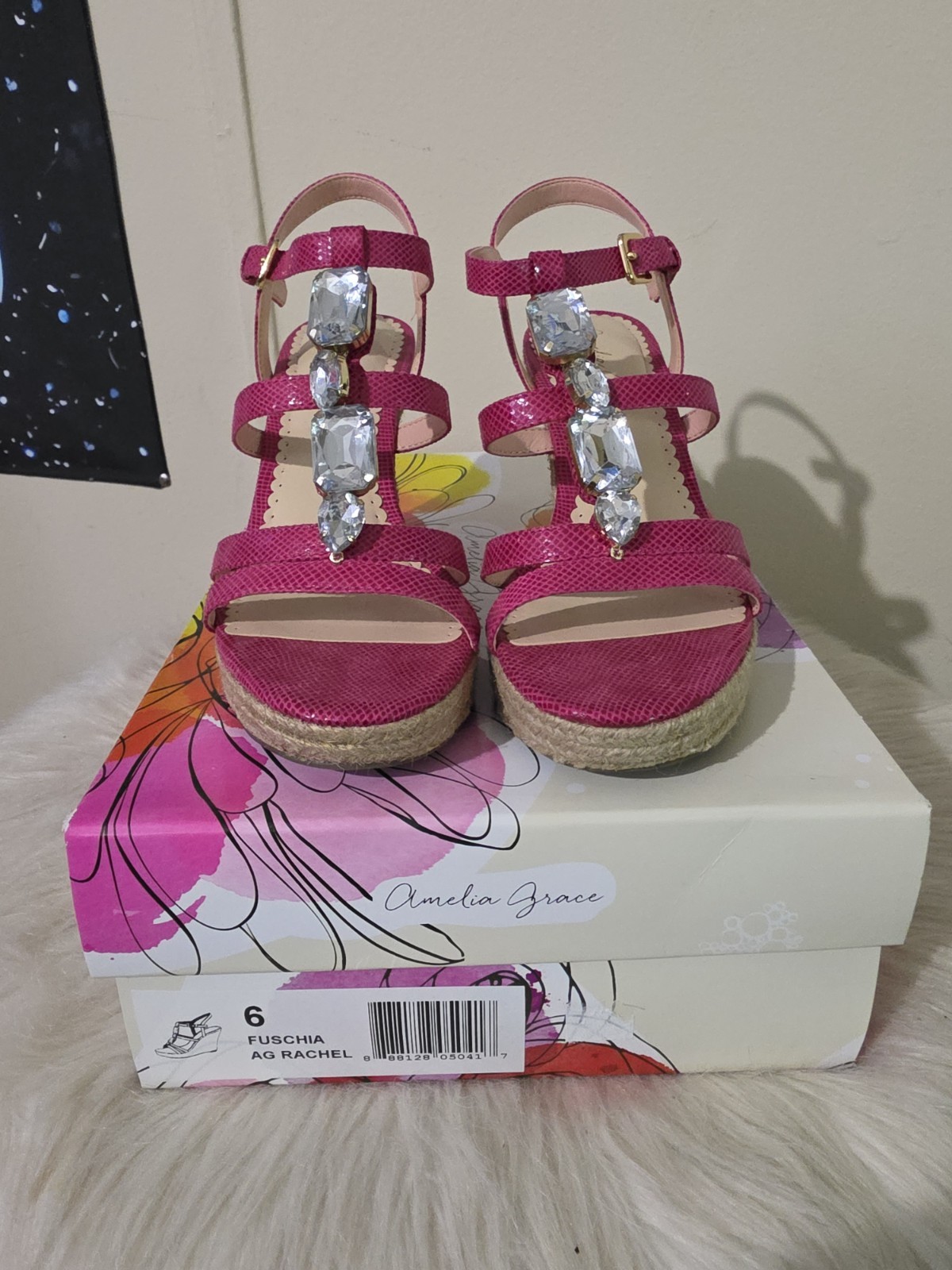 EUC Amelia Grace Fuschia AG Rachel Jeweled Strappy Wedge Sandals Size 6 W/ Box