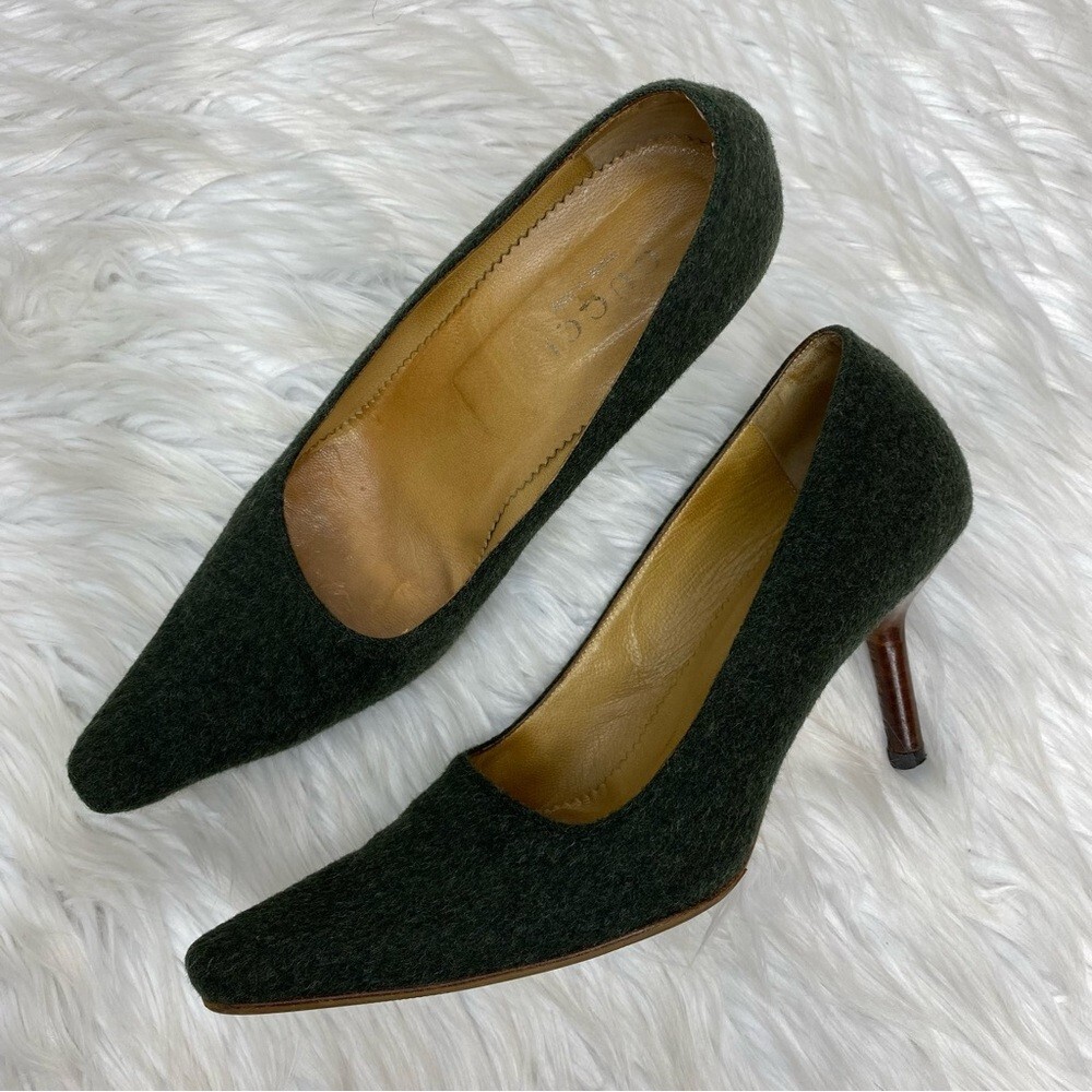 Gucci Green Wool Semi-Pointed Pumps Wood Heel EU 37 US 7 Made in Italy Authentic