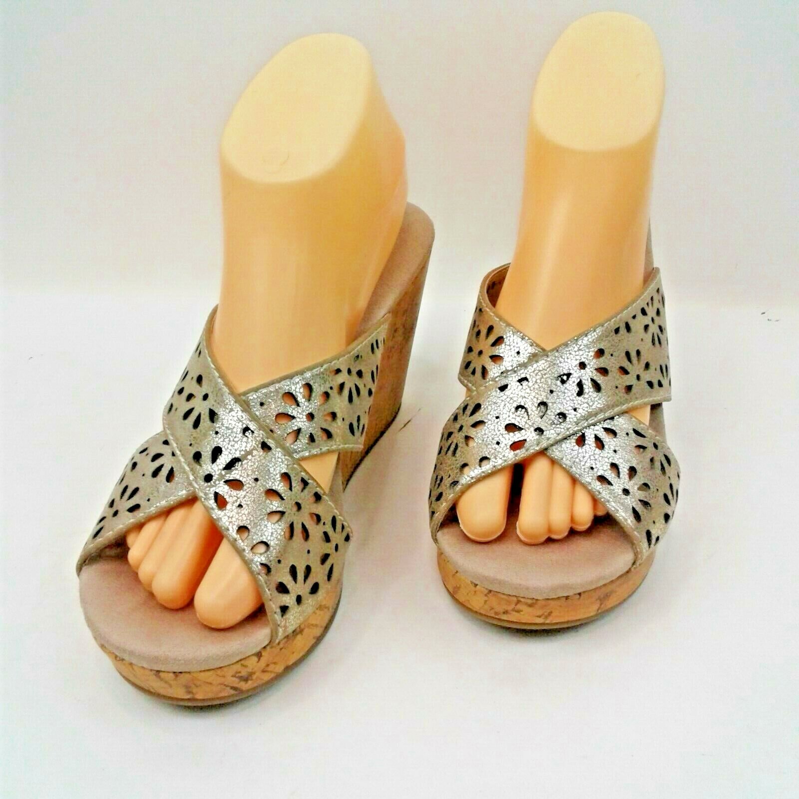 Rampage Womens Silver/Cork 3.75″ Wedge Heels Mules/Slides Size 3.25 Wx8.75 Long
