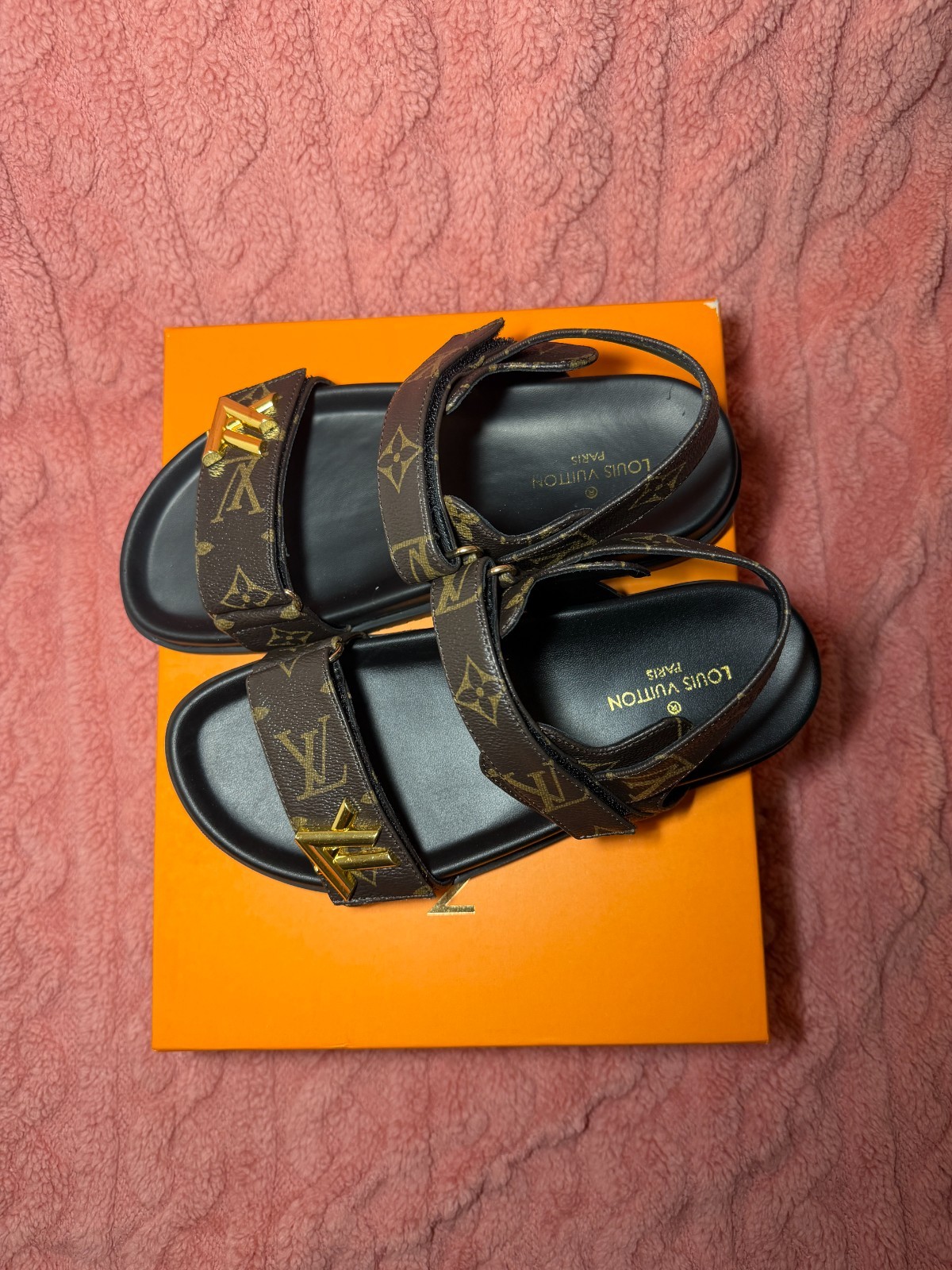 Louis Vuitton Monogram Leather Slide Sandals Buckle Straps Brown/Black 9