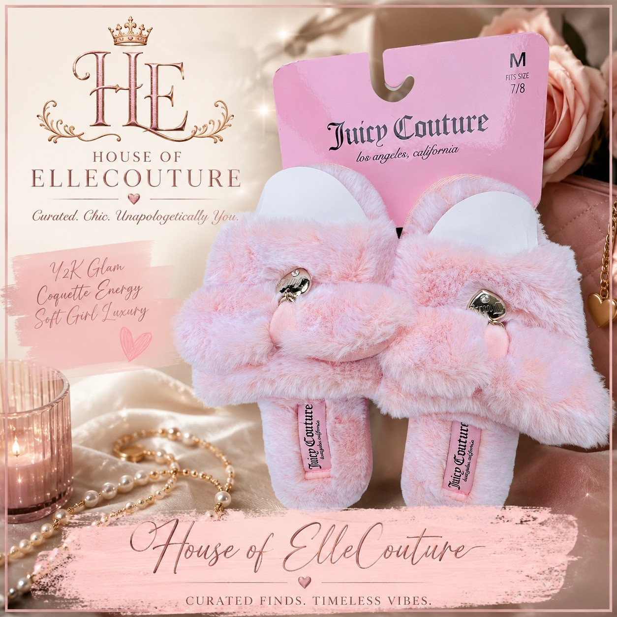 Juicy Couture Womens Pink Slippers 7/8 Gold Diamond Heart Charm Pink J C-HORATIA