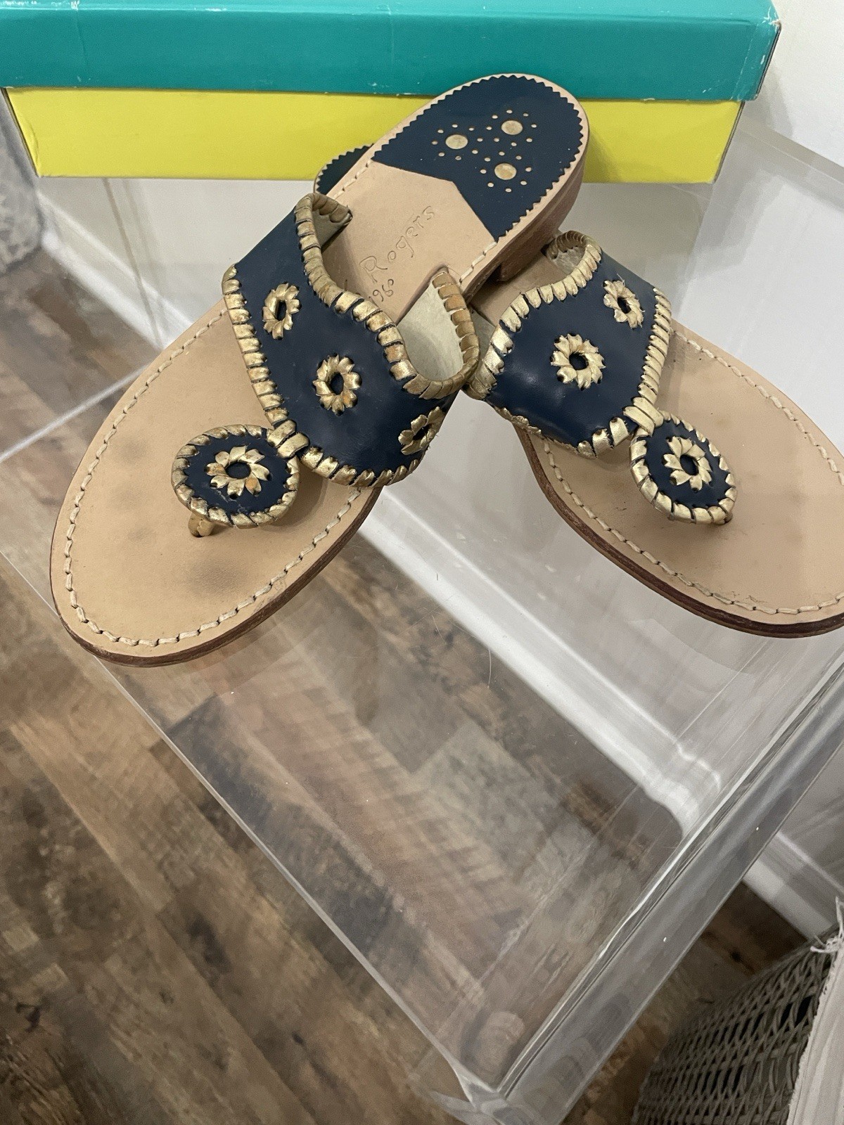Jack Rogers Navy/Gold Leather Slide Sandals Whipstitch Cut-Out Slip-On 9.5M