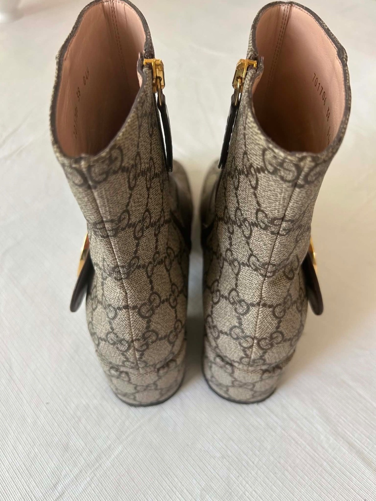 Gucci GG Supreme Logo Print Beige Canvas/Brown Leather Ankle Boots 38