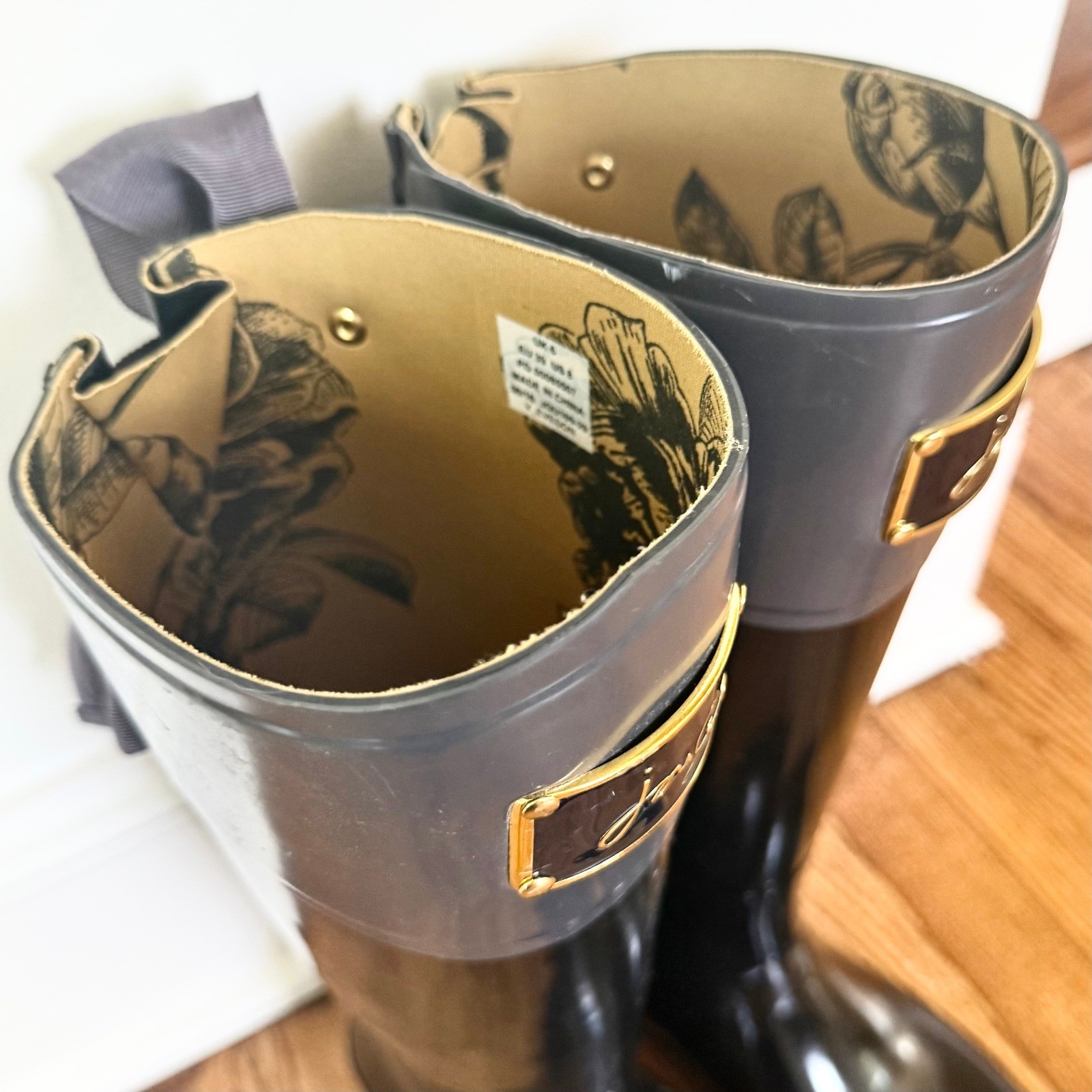 Joules Evedon Rain Boots Womens 8 Black Bow Back Waterproof Tall