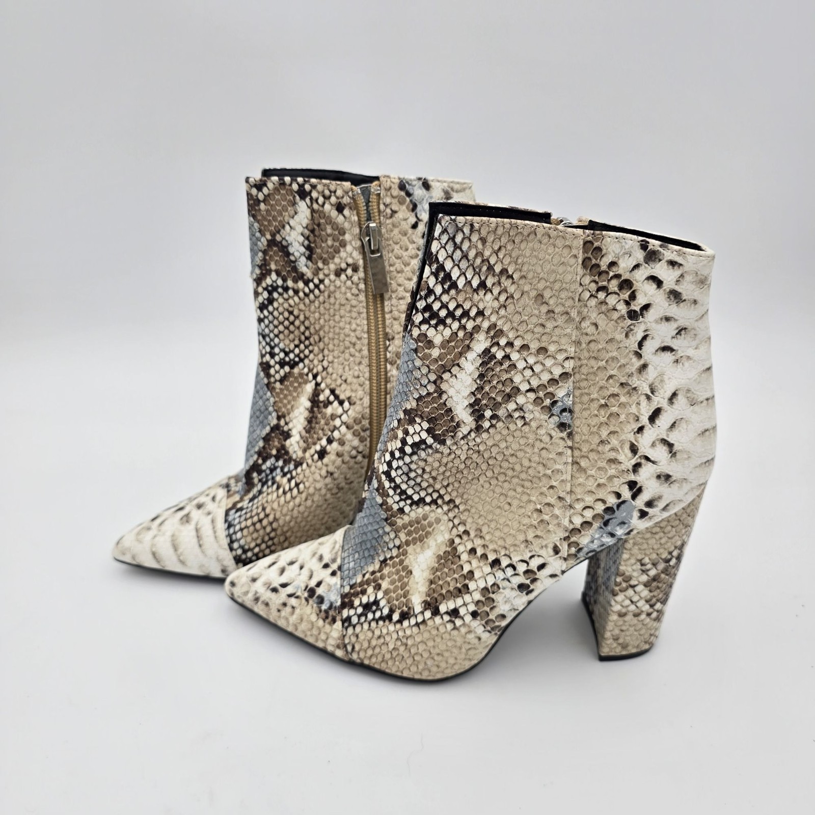 Snakeskin Print Pointed Toe Ankle Boots Beige & Brown Faux Leather 4″ Heels