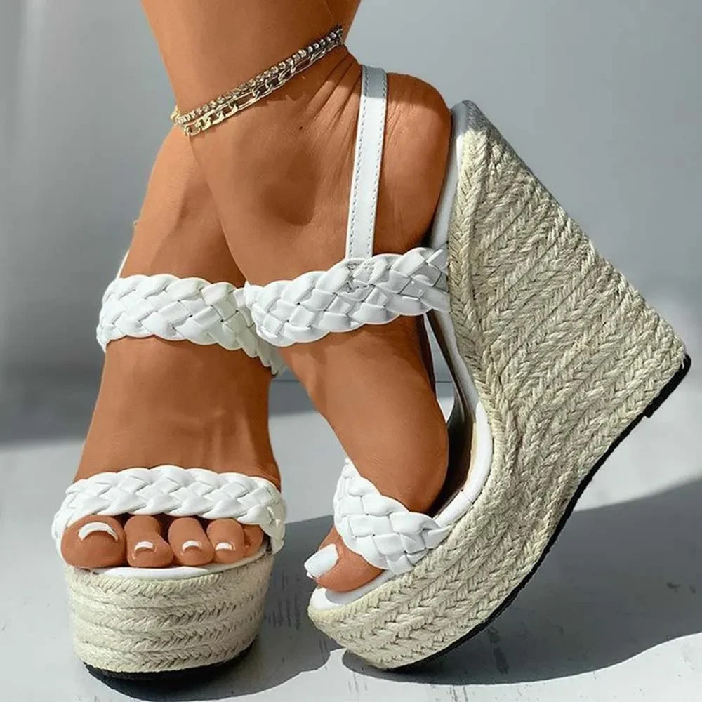 White Braided Wedge Heel Slingback Platform Espadrille Sandals FSJ202604043