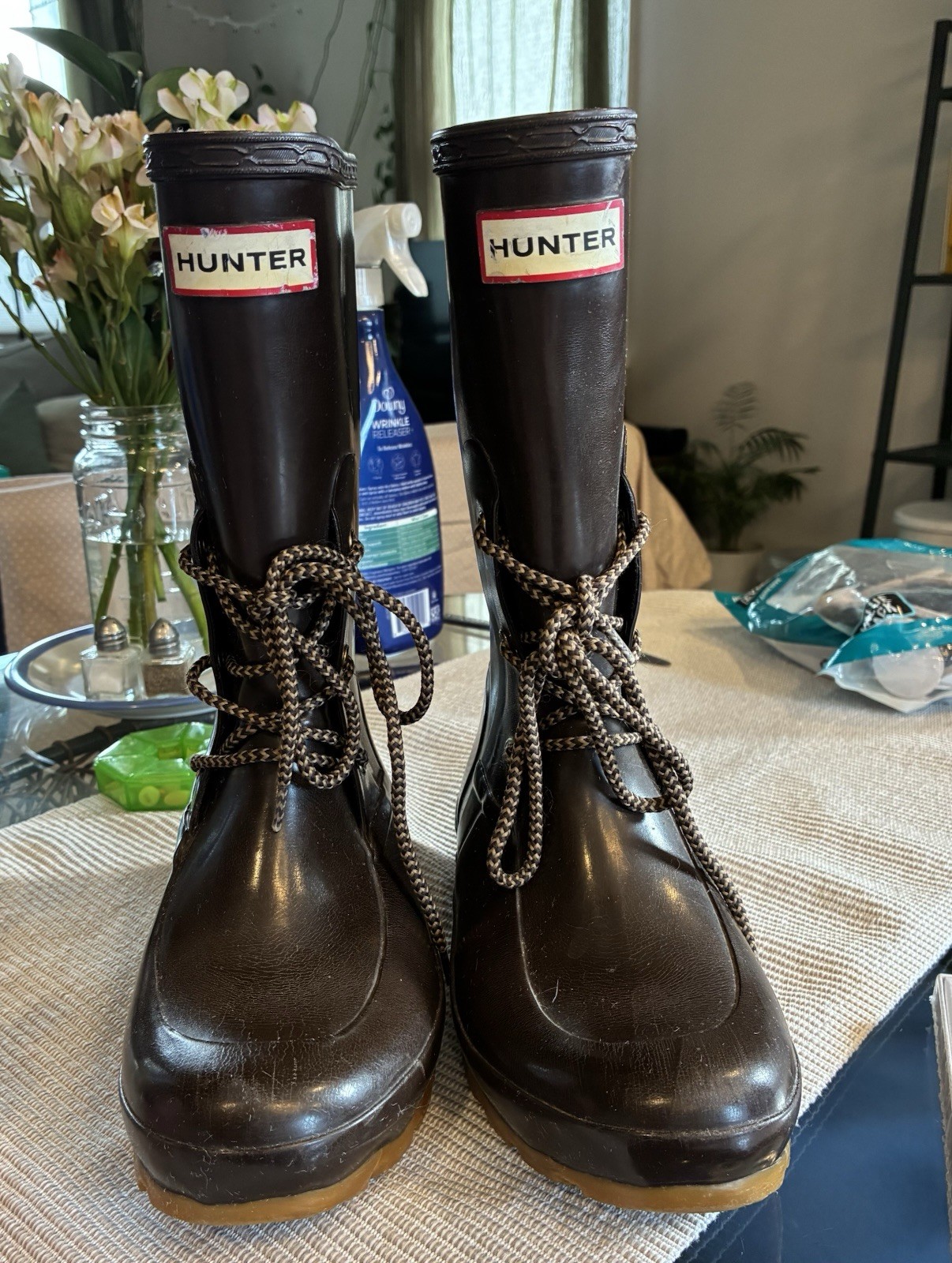 Hunter Brown Knee High Lace Up Rubber Rain Boots Waterproof Women’s US 5