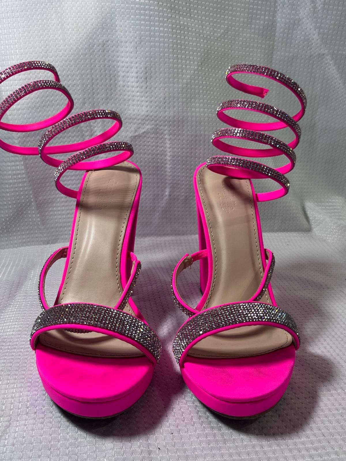 Charlotte Russe Pink Neon Rhinestone Spiral Wrap Block Heel Sandals Size 6