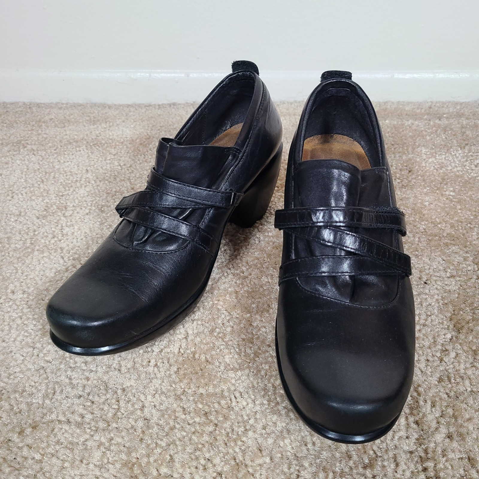 NAOT Black Leather 2″ Wedge Heel Hook & Loop Classy Wedge Shoes EU 37 ~ US 6-6.5