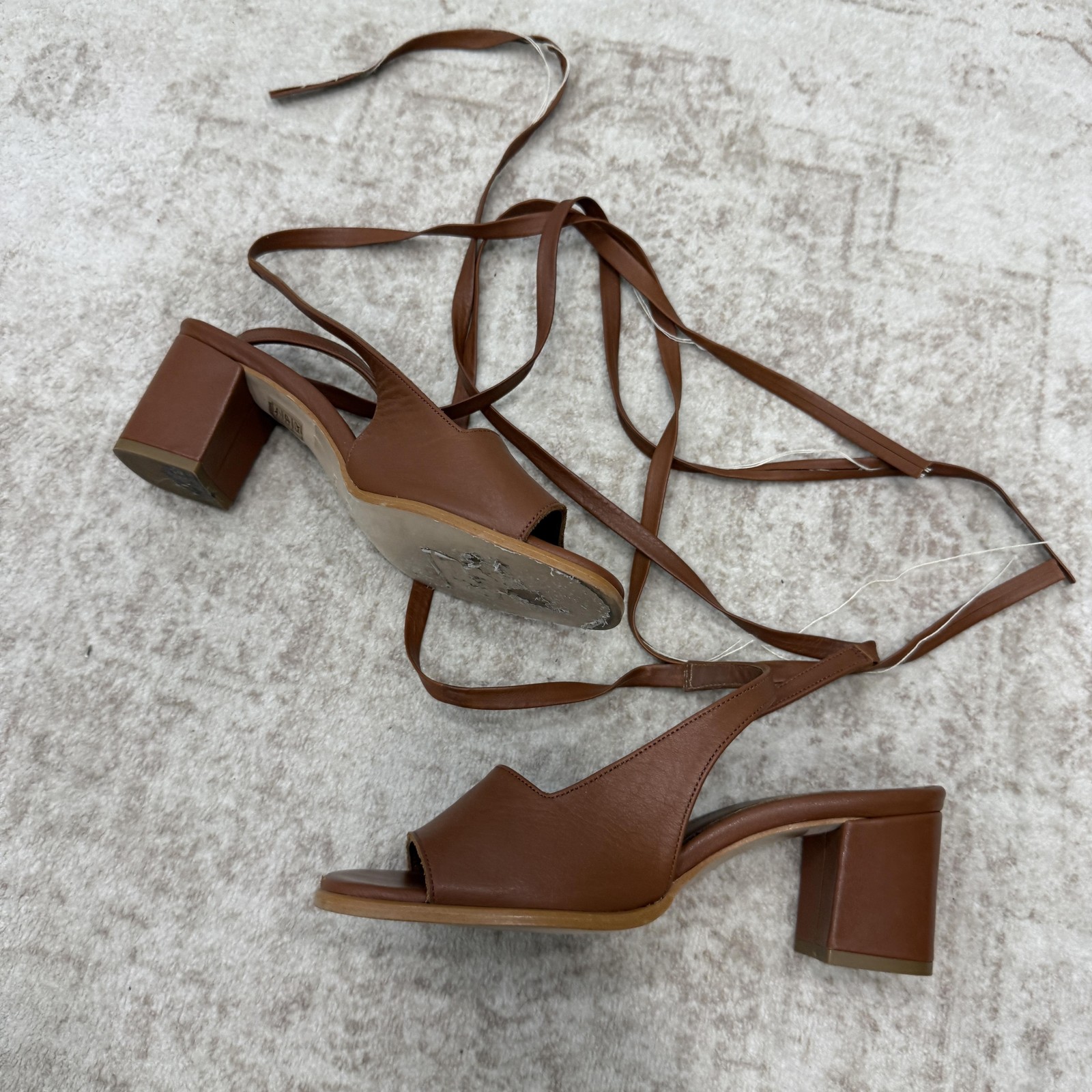 ALOHAS Sandals Womens Size 7.5 Brown Leather Strappy Block Heel Ankle Wrap Tie