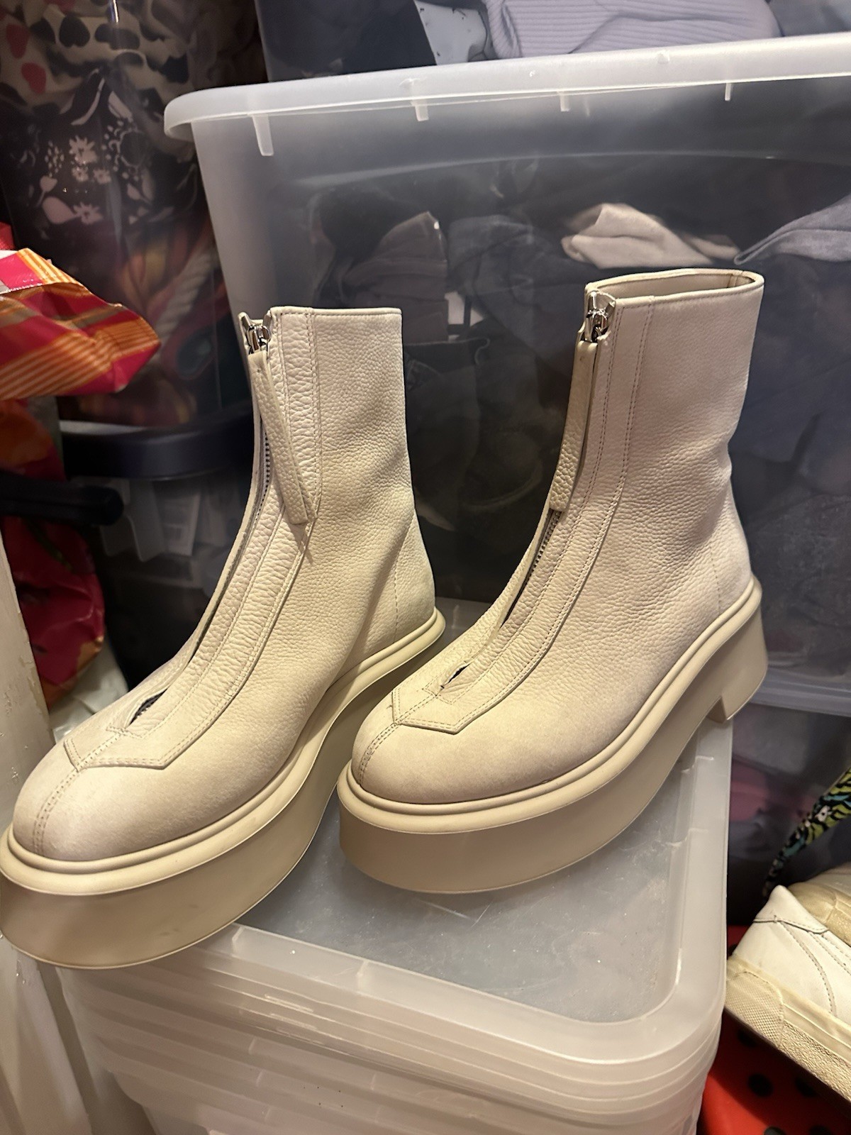 The Row Nubuck Leather Platform Ankle Boot Front Zip Round Toe Block Heel 7.5