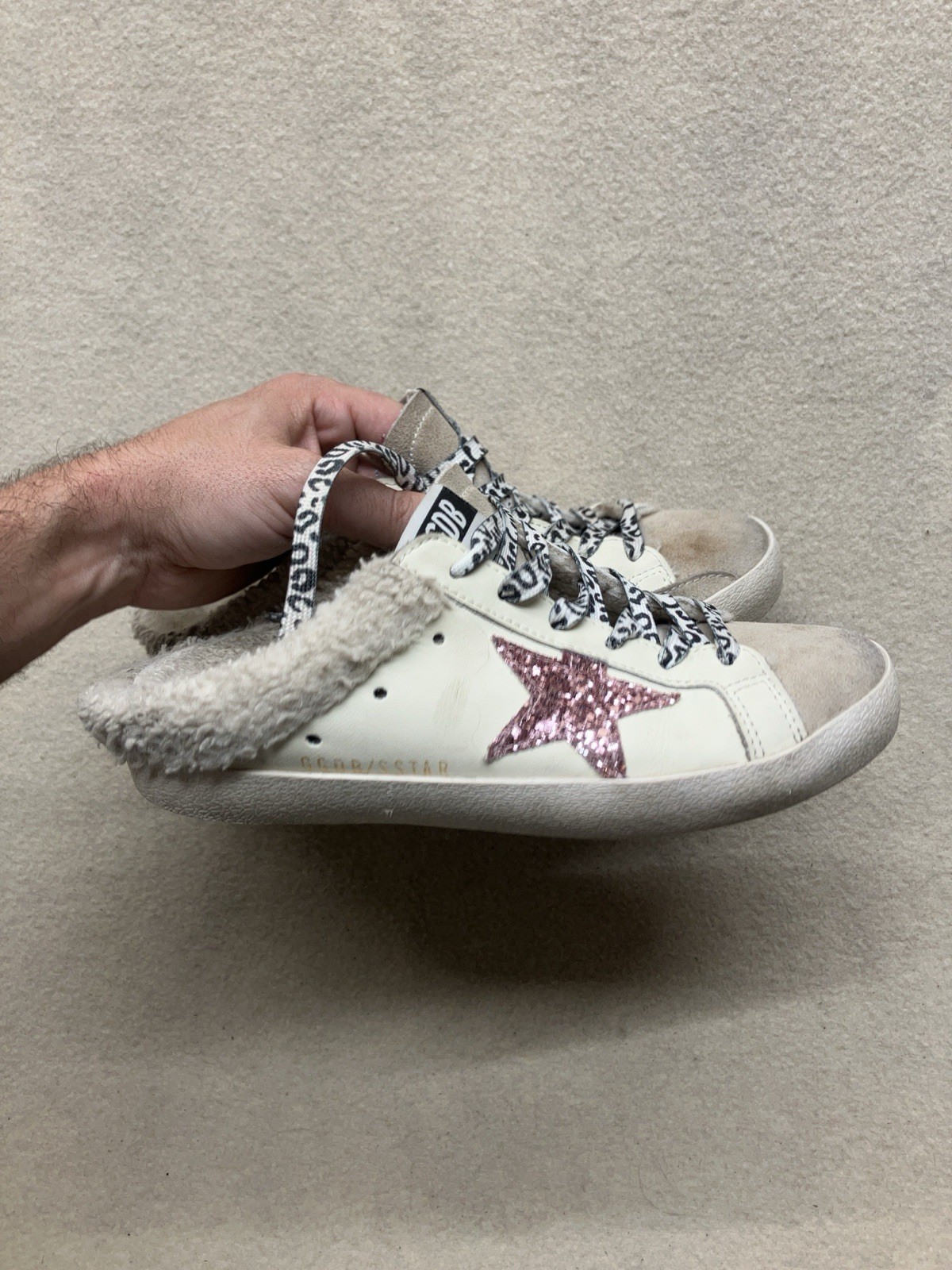 GOLDEN GOOSE Women’s 39 Super Star Sabot Mule White Leather Pink Star Glitter