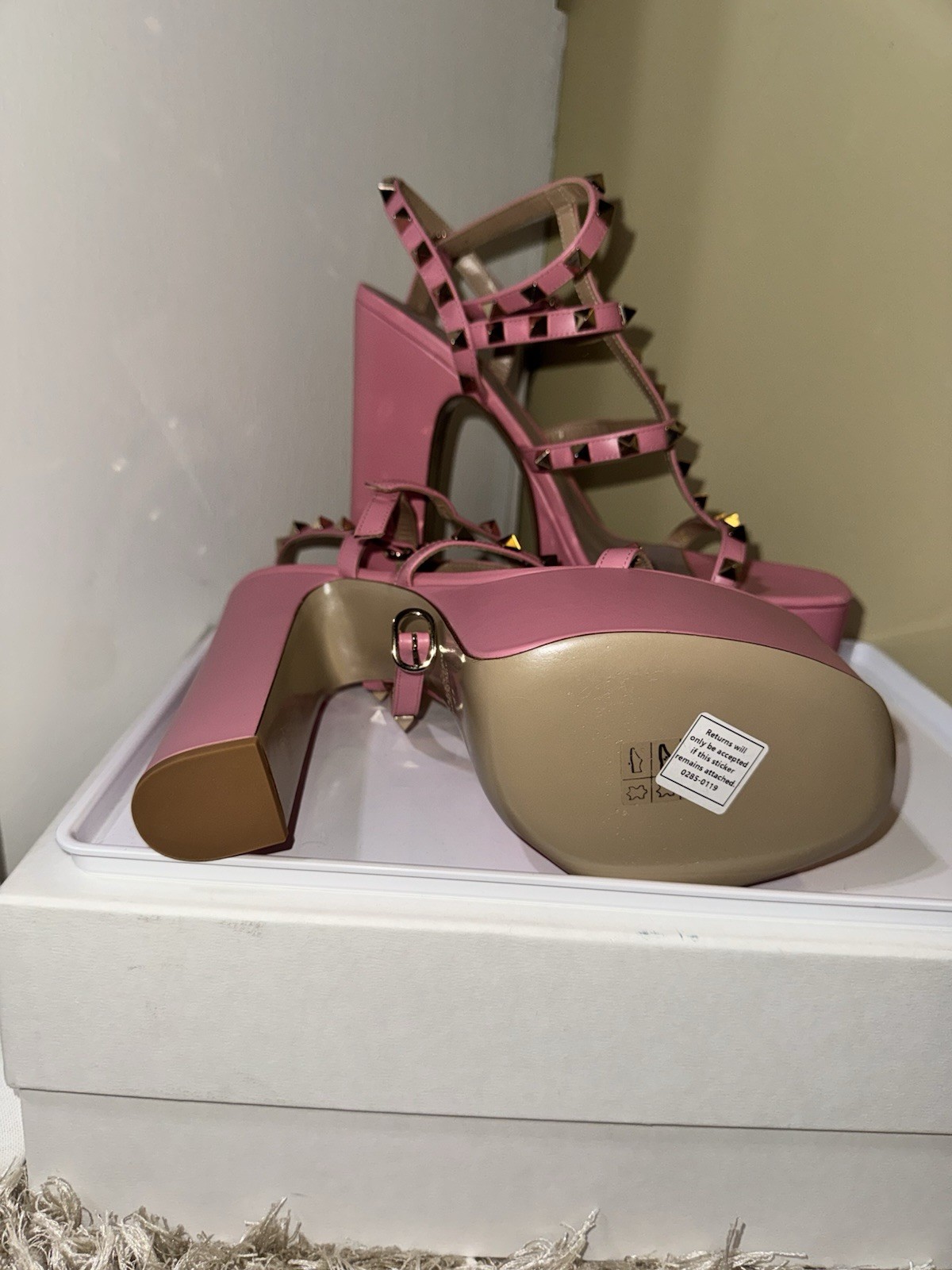 Valentino Women’s Pink Leather Platform Block Heel Studded Ankle Strap 11