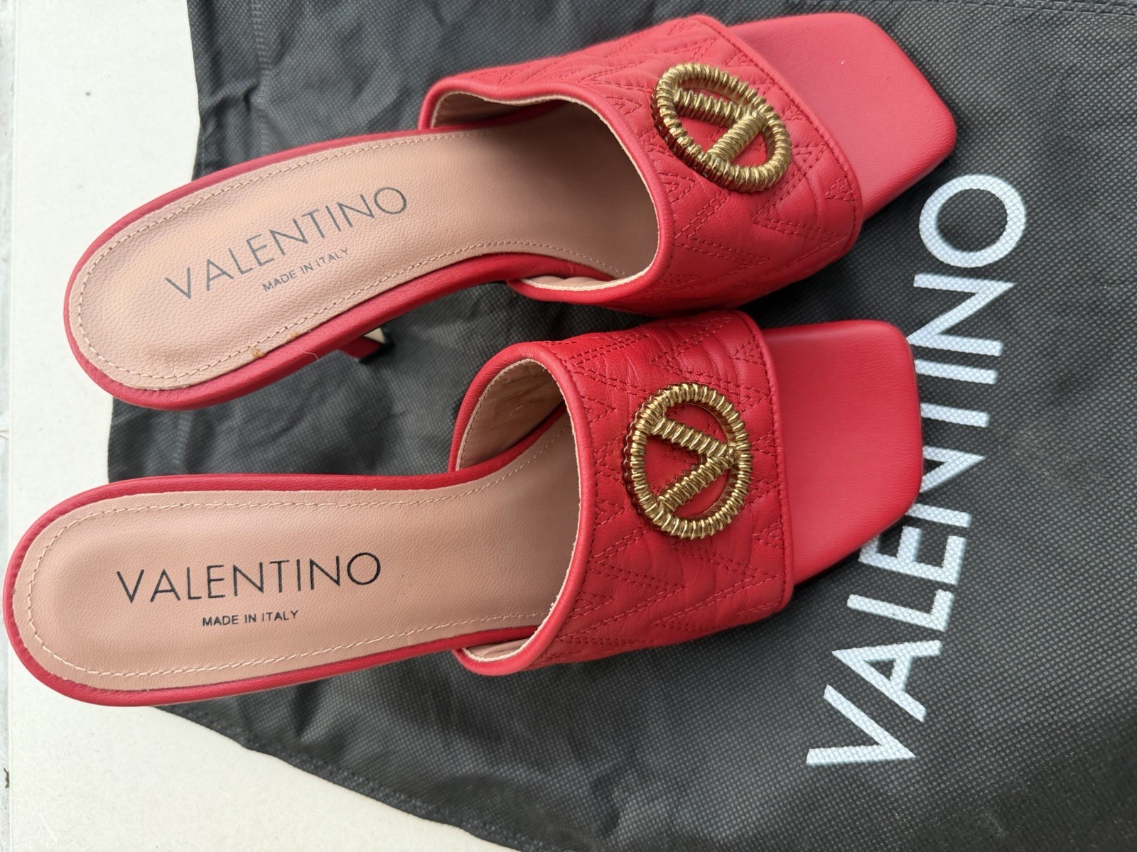 Valentino Women’s Red Quilted Faux Leather Square Toe Mule Slip-On Heels, US 8