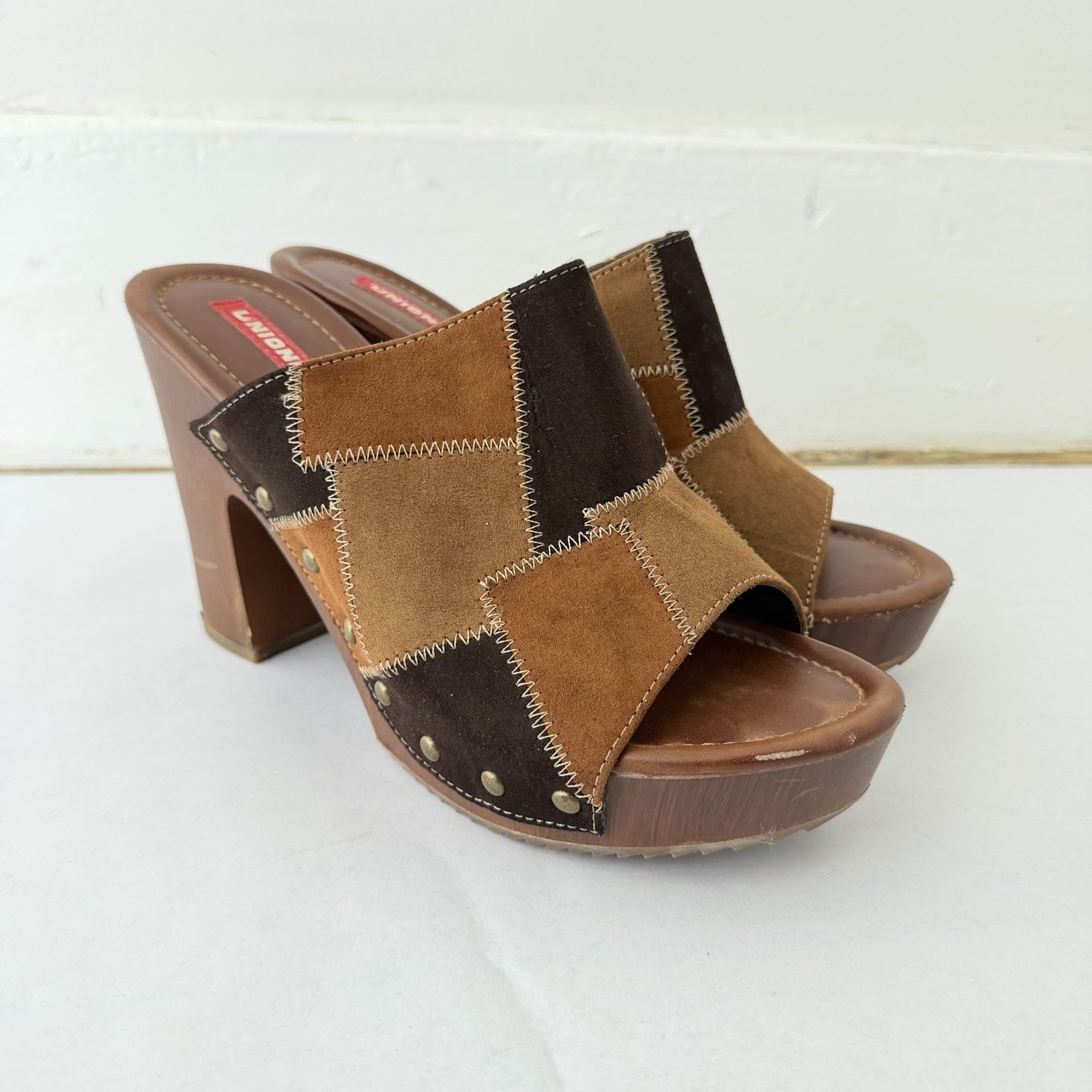 Unionbay Platform Clogs Size 8.5 Patchwork Faux Suede Studded Western Cowgirl