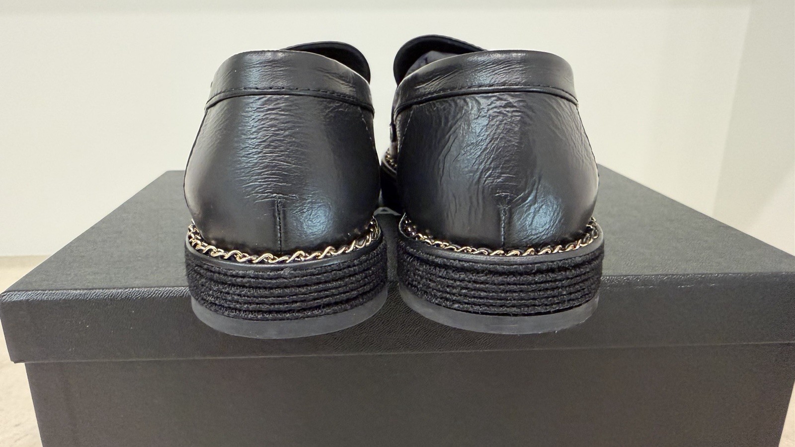 CHANEL Loafers In Black leather W/ Gold Chain Accents; Size 36