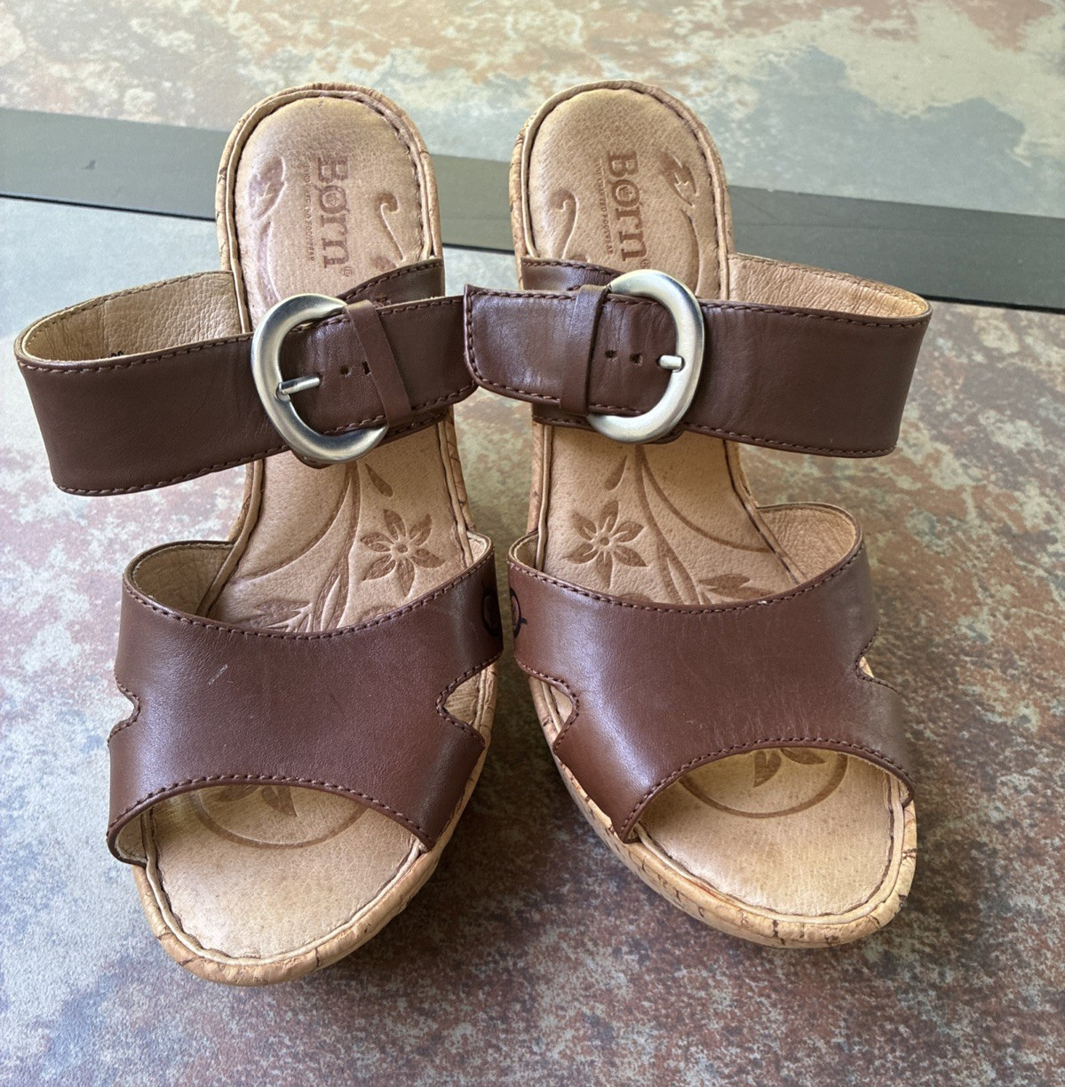 Born Brown Leather Cork Wedge Slide Sandal’s Women’s Size 8 Buckle Comfort
