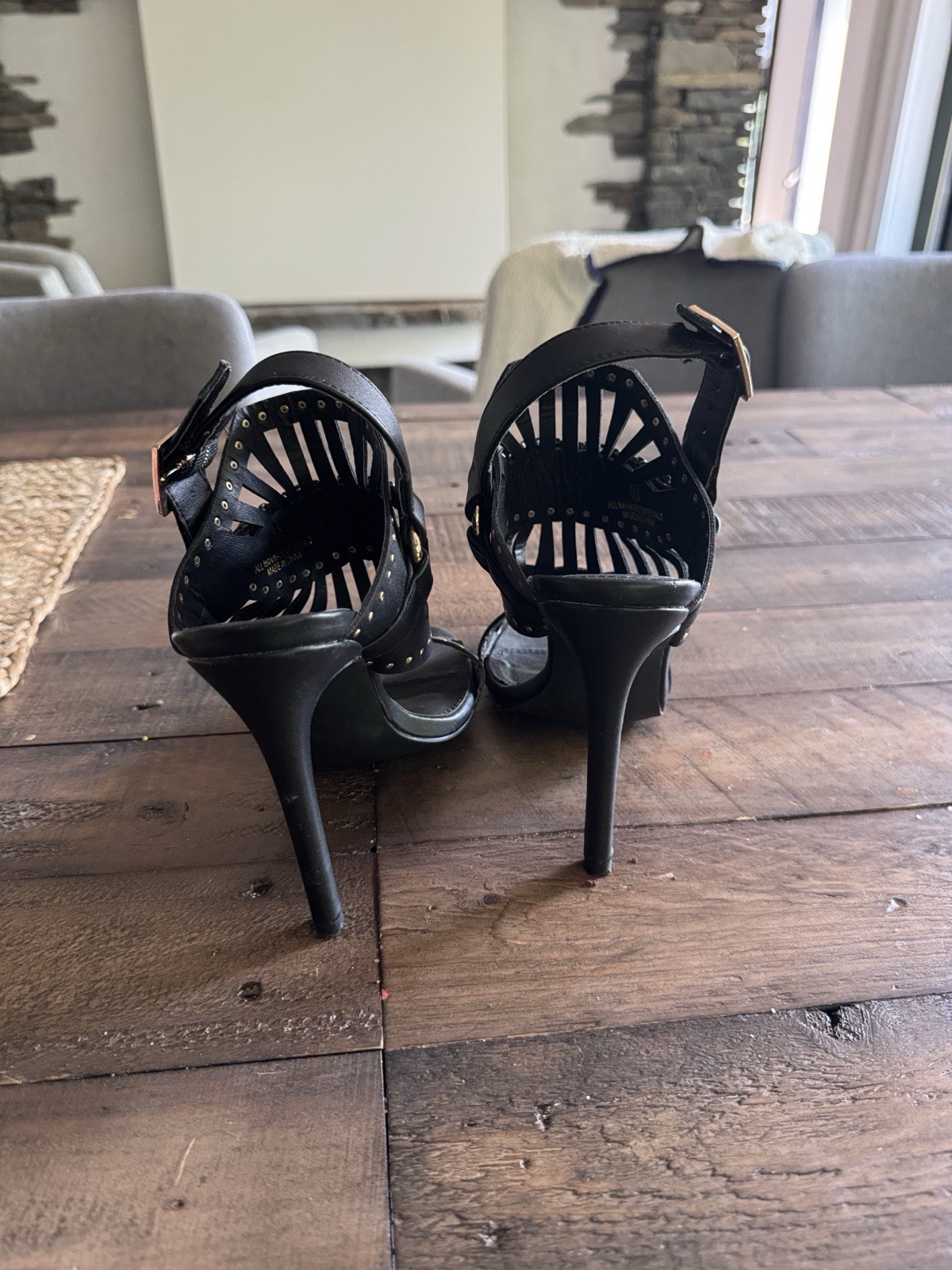 Liliana Women’s Black Faux Leather Studded Strappy Open Toe Heels 7.5