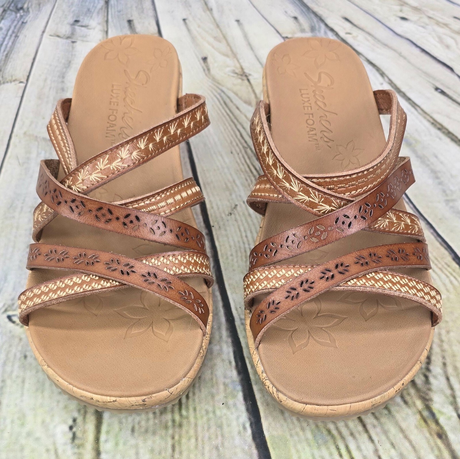 SKECHERS Beverlee Sandals Women 9 Brown Strappy Wedge Summer Comfy BOHO Shoe