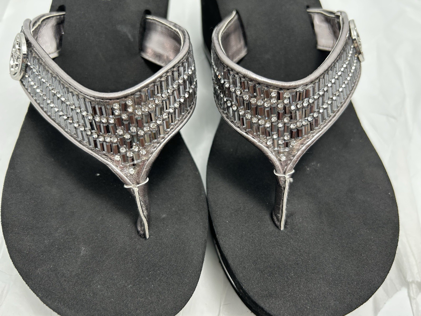 GUESS Sarraly Eva Logo Rhinestone Wedge Sandals Size 7 M Silver New #Y