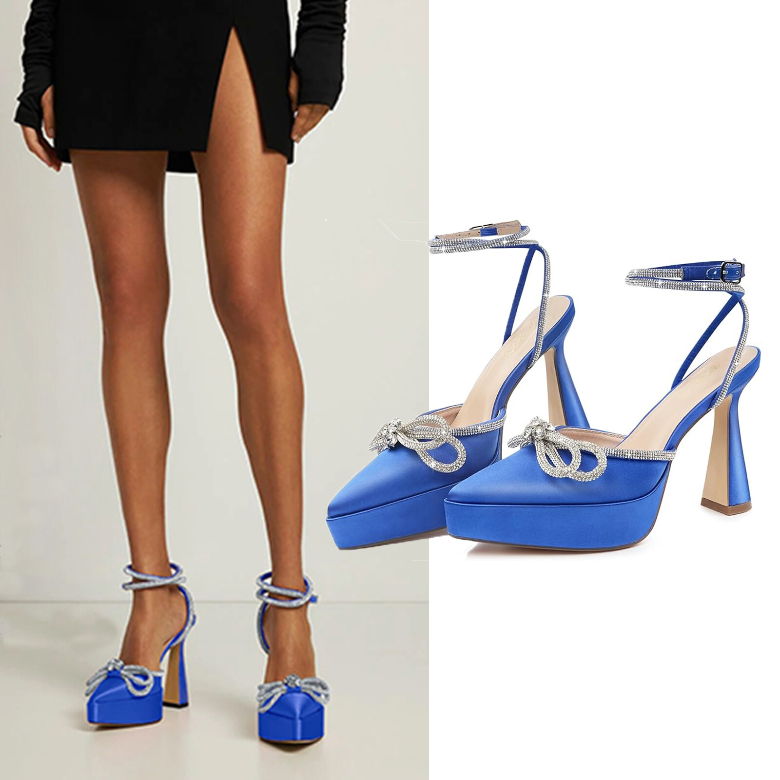Women Stiletto High Heels Rhinestone Bow Heels Sparkly Wedding Closed Toe Pumps